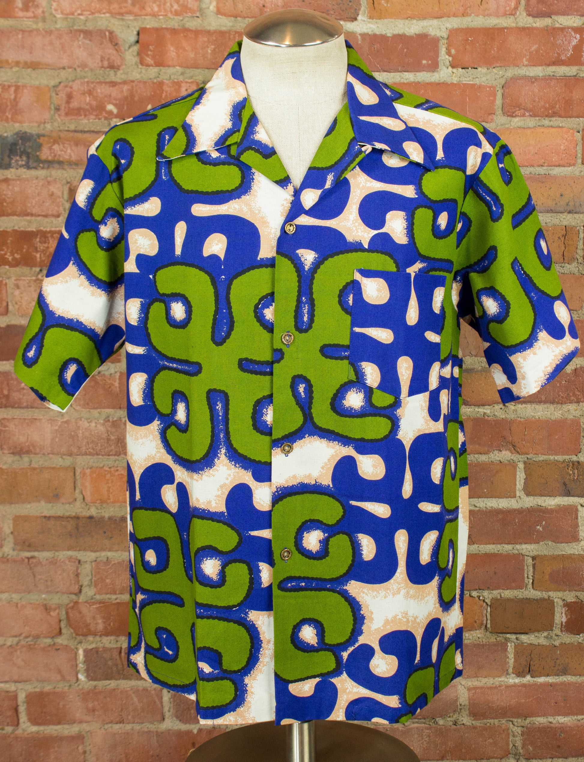 Vintage Hawaii Resort Shops Hawaiian Shirt 50s Blue and Green Abstract Pattern XL