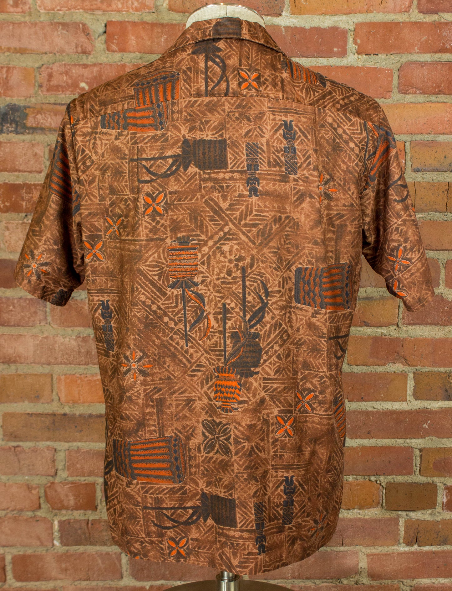 Vintage Hawaiian Shirt 60s Brown and Orange Traditional Print Medium-Large