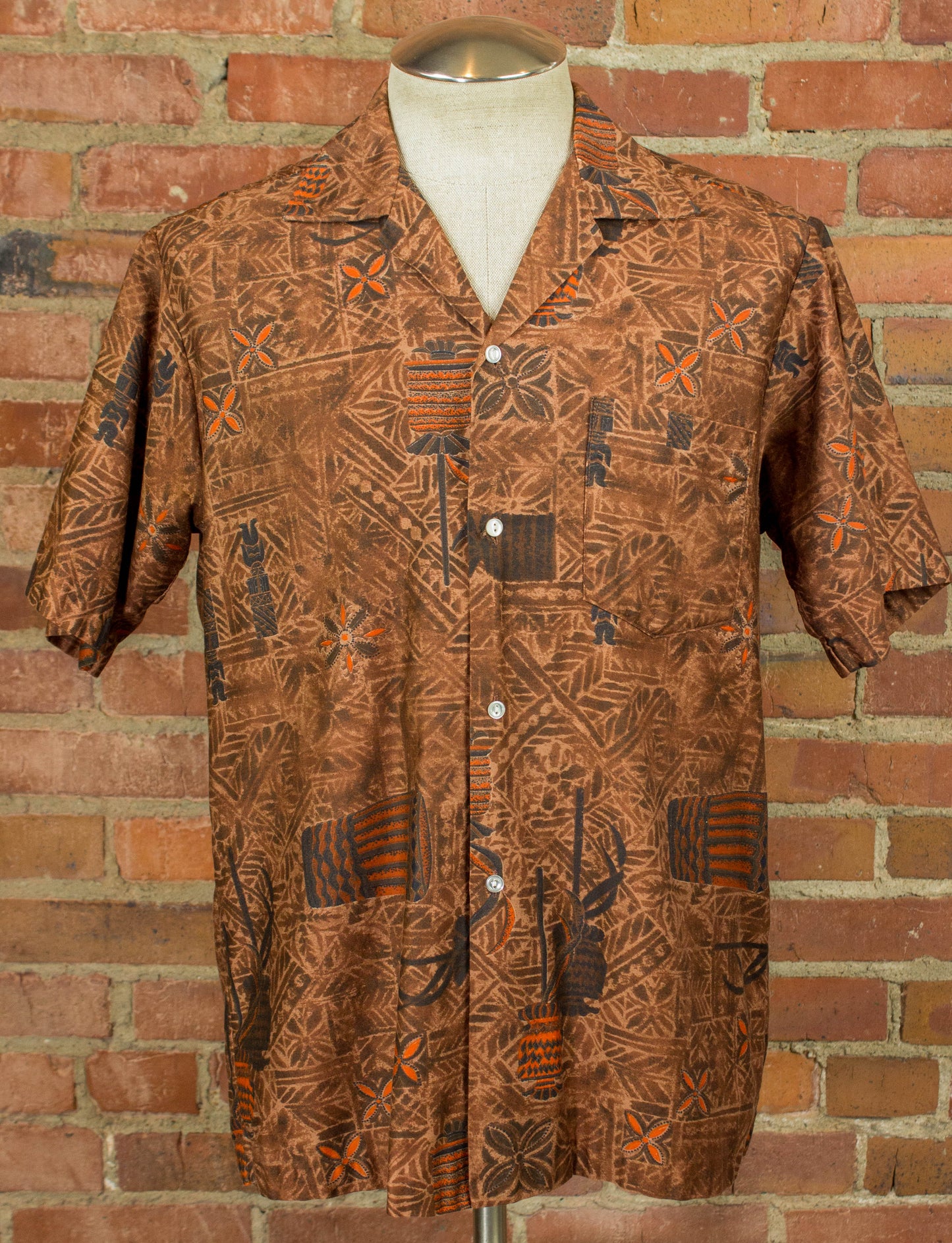 Vintage Hawaiian Shirt 60s Brown and Orange Traditional Print Medium-Large