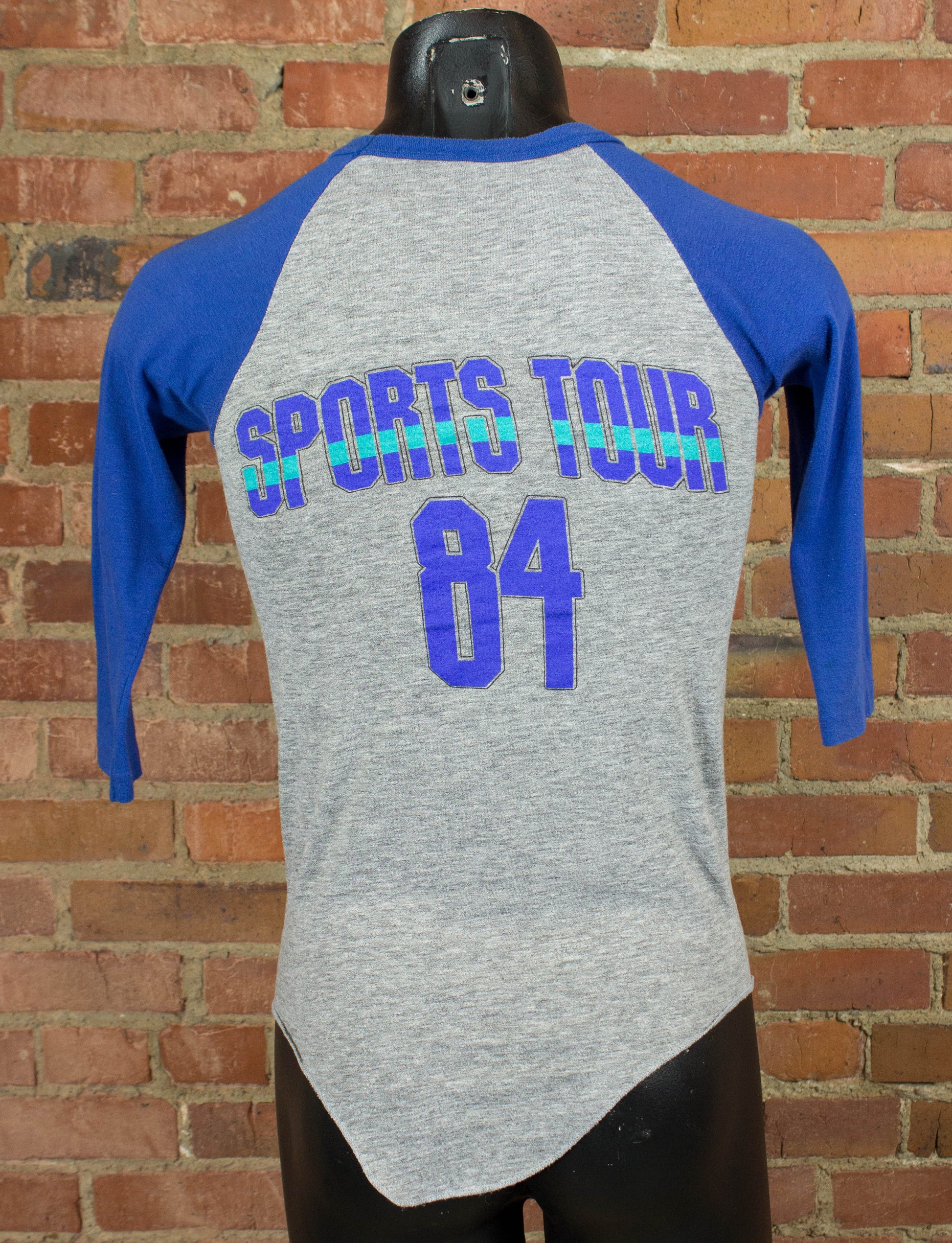 Vintage Huey Lewis and the News Concert T Shirt 1984 Sports Tour Grey and Blue Raglan Jersey XS