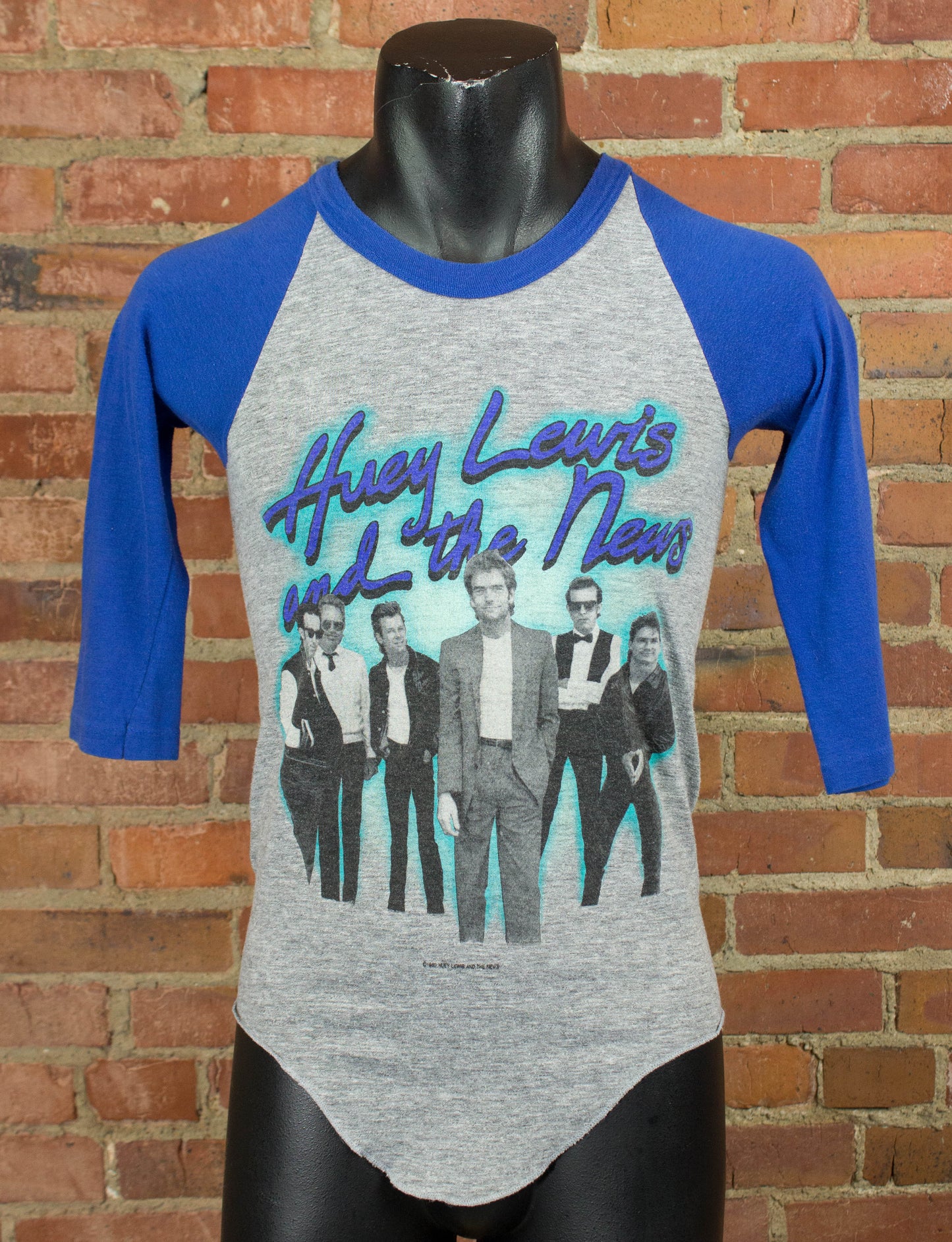 Vintage Huey Lewis and the News Concert T Shirt 1984 Sports Tour Grey and Blue Raglan Jersey XS