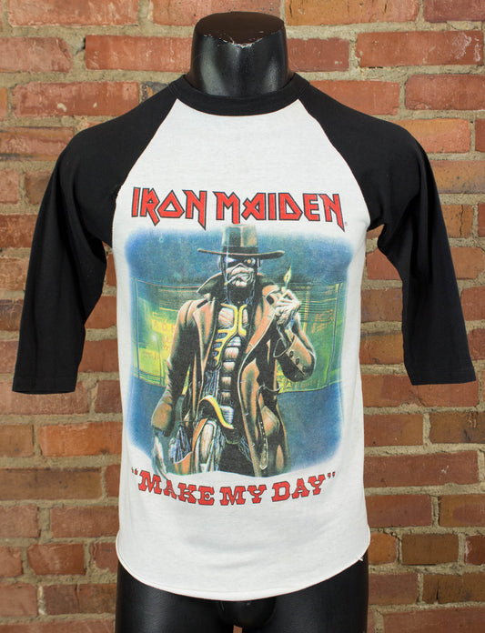 Vintage Iron Maiden Concert T Shirt 1987 Make My Day Black and White Raglan Jersey Small-Medium