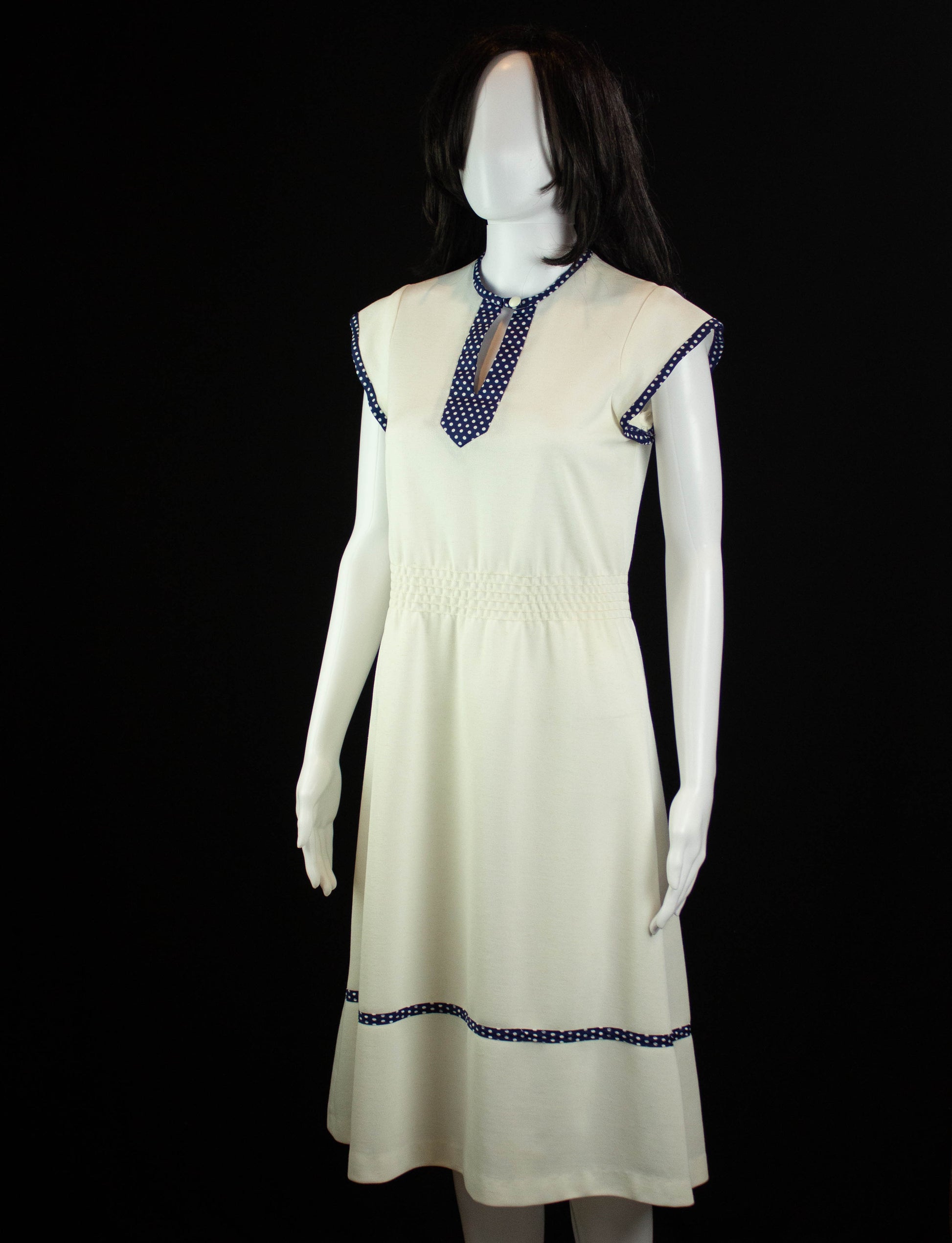 Vintage Jerell of Texas Polka Dot Trim Dress 70s White and Navy Blue Small-Medium