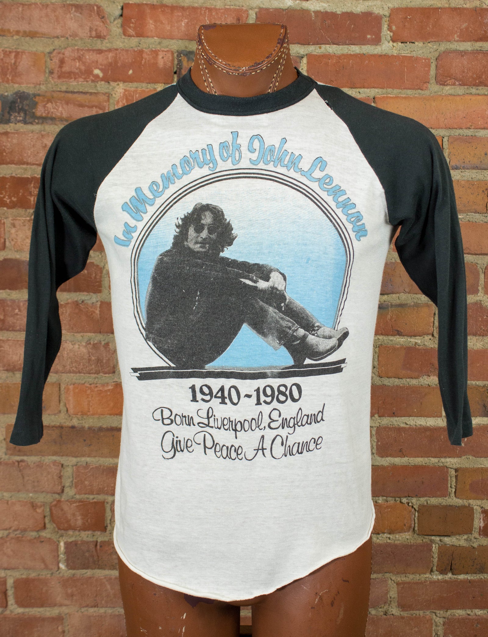 Vintage John Lennon Concert T Shirt 1980 Memorial Give Peace a Chance The Beatles Raglan Jersey Medium-Large