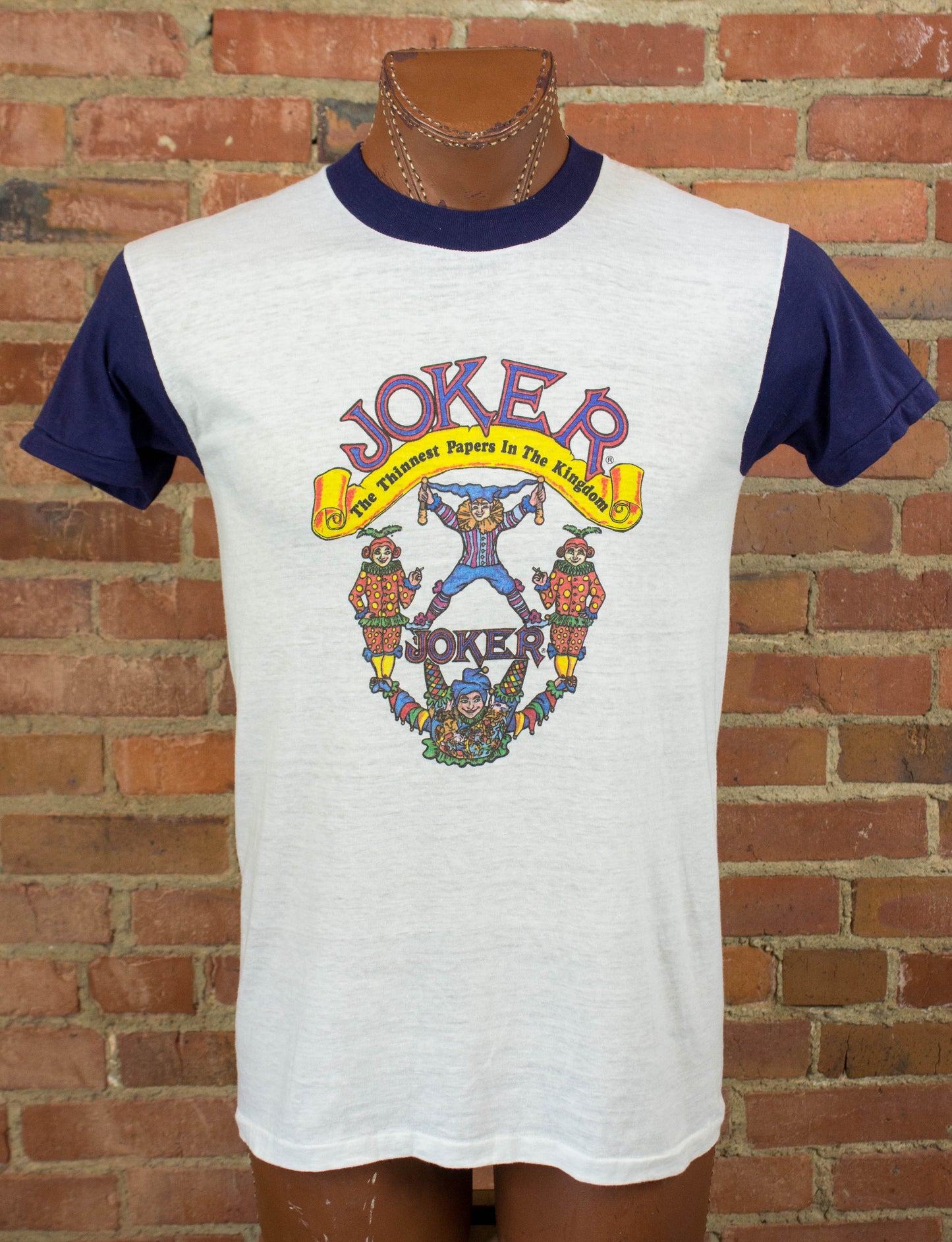 Vintage Joker Rolling Papers Graphic T Shirt 80s The Thinnest Papers In The Kingdom White and Navy Blue Medium-Large