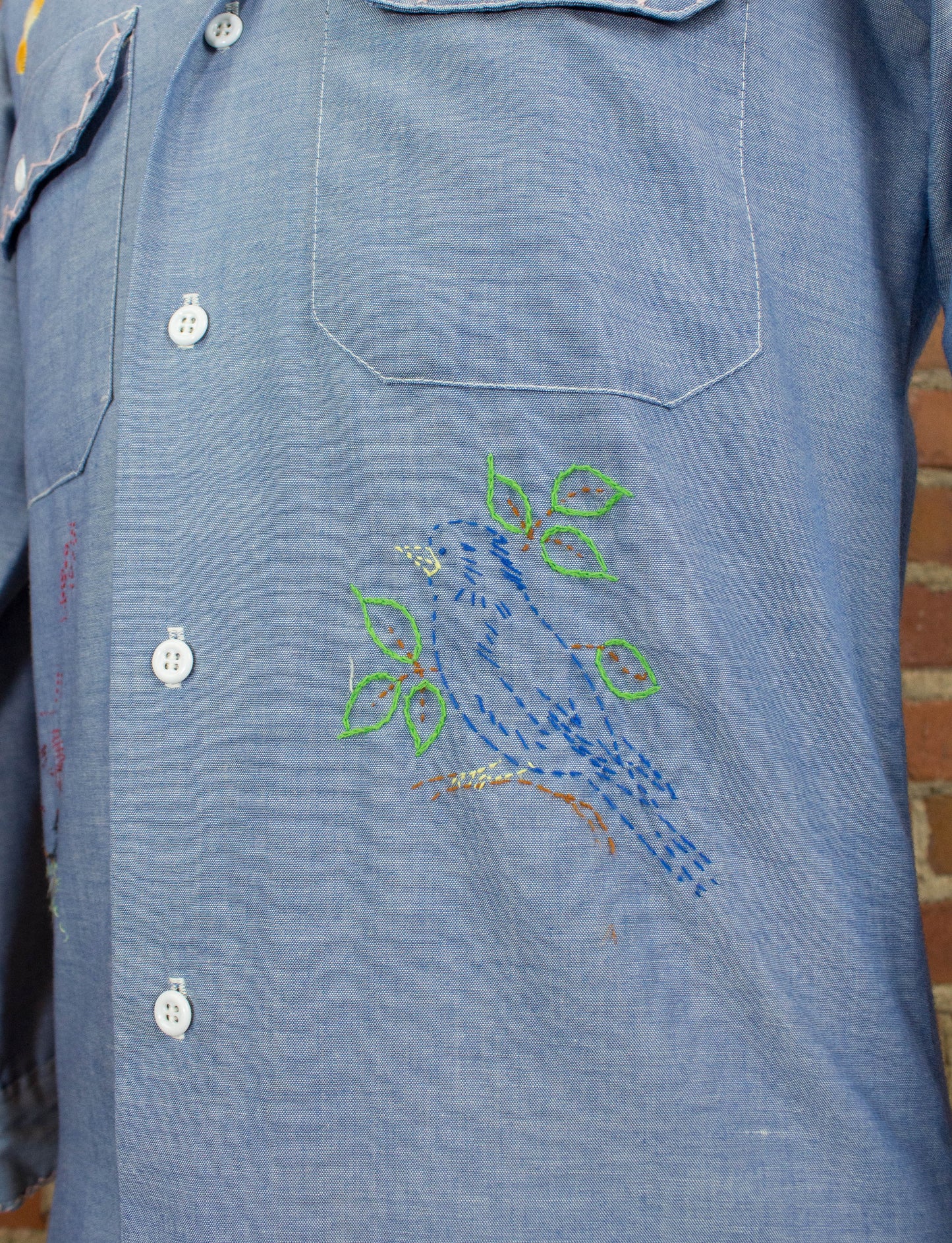 Vintage King Kole Hand Embroidered Chambray Shirt 70s Light Blue Small