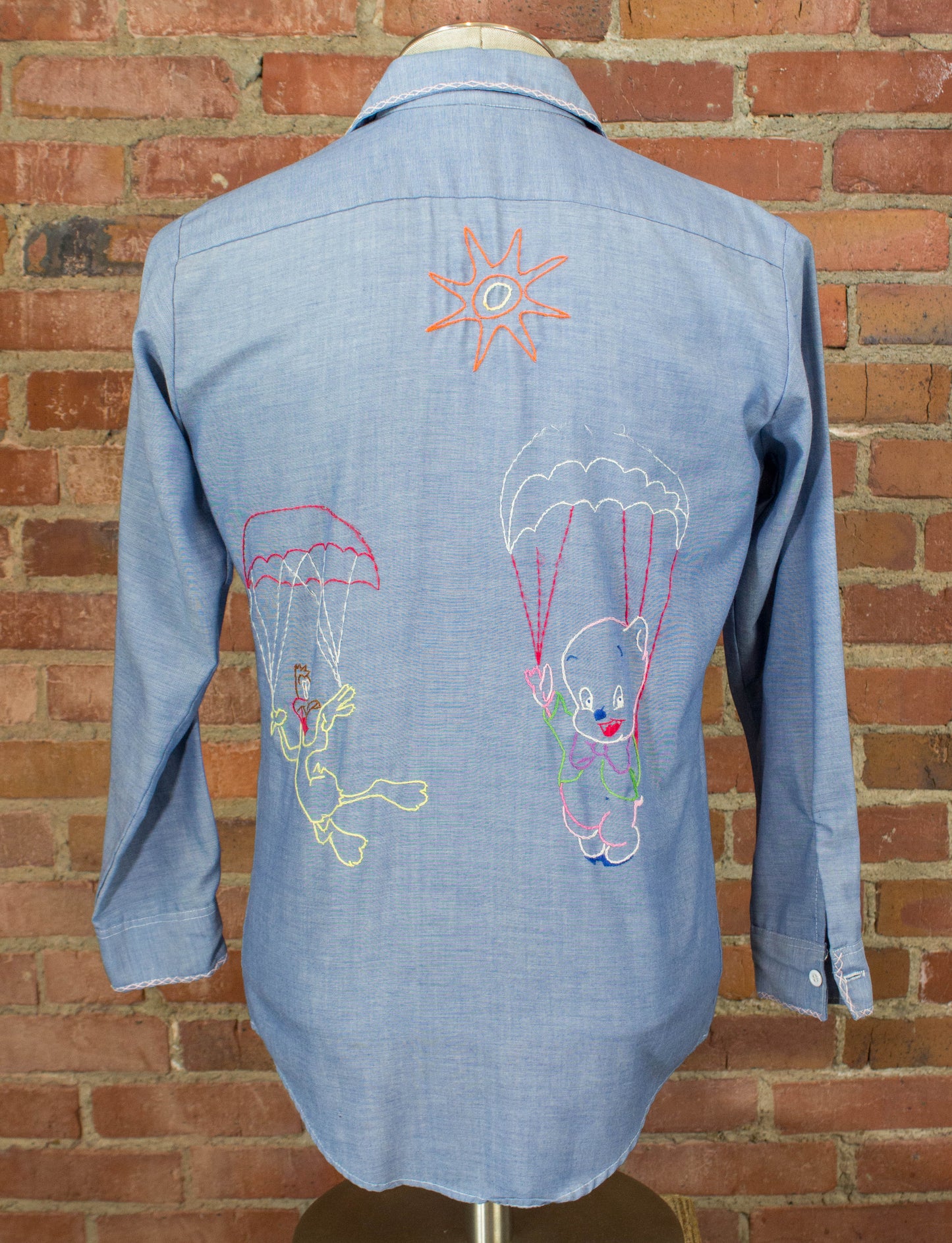 Vintage King Kole Hand Embroidered Chambray Shirt 70s Light Blue Small