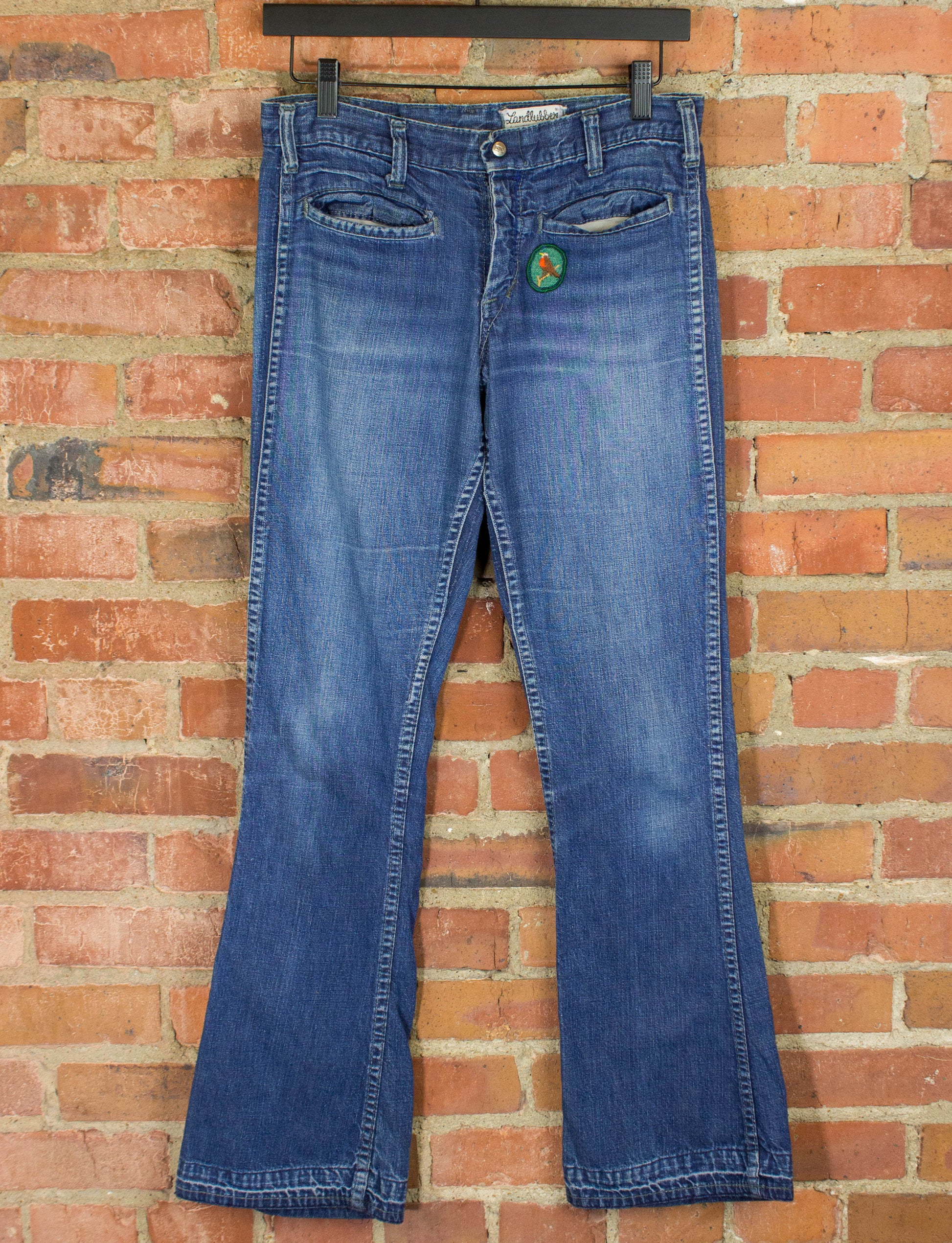 Vintage Landlubber Patchwork Flare Denim Jeans 60s Blue Low Rise