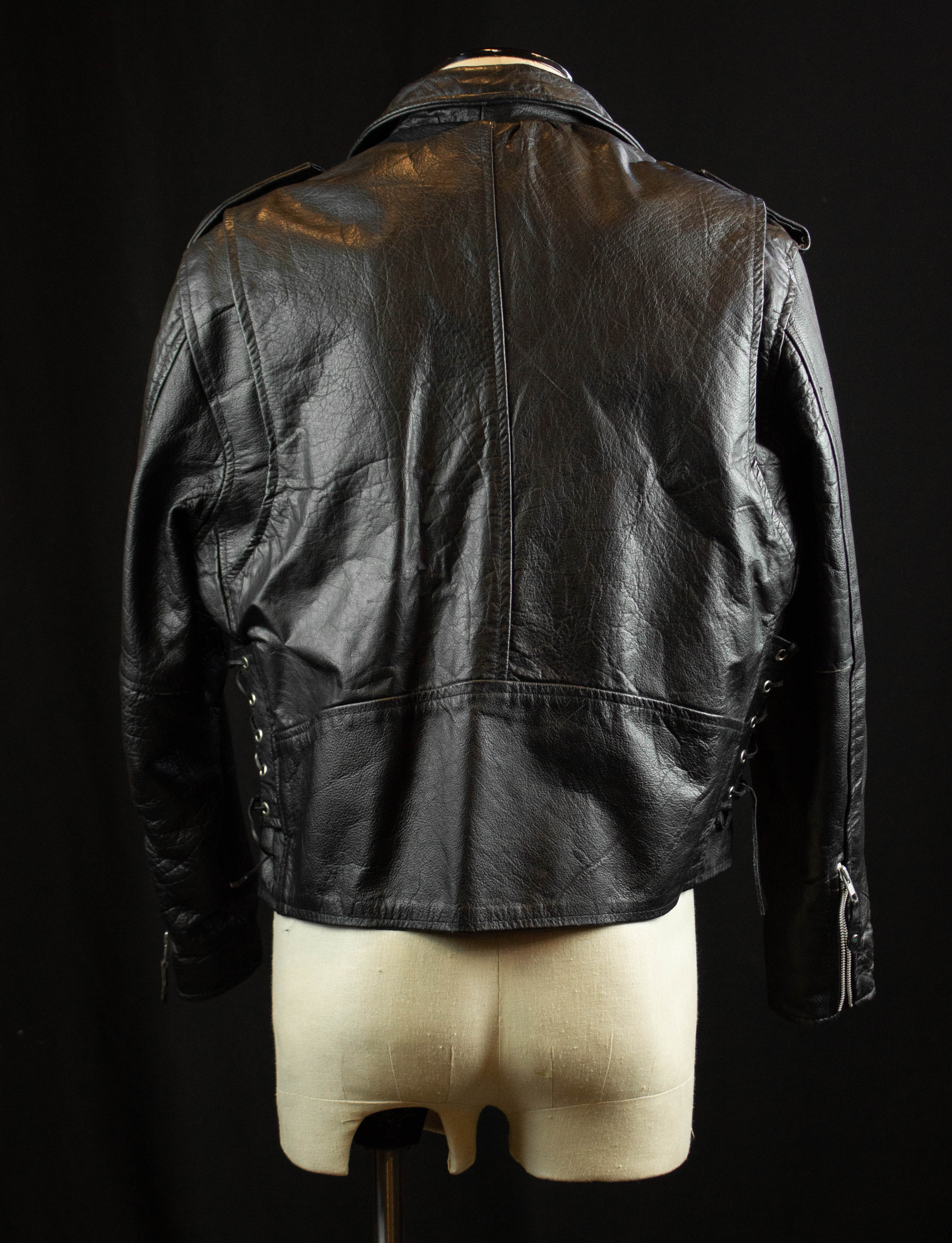 Vintage US Leather Club Belted Leather Biker Jacket 80s Black and Silver  Large