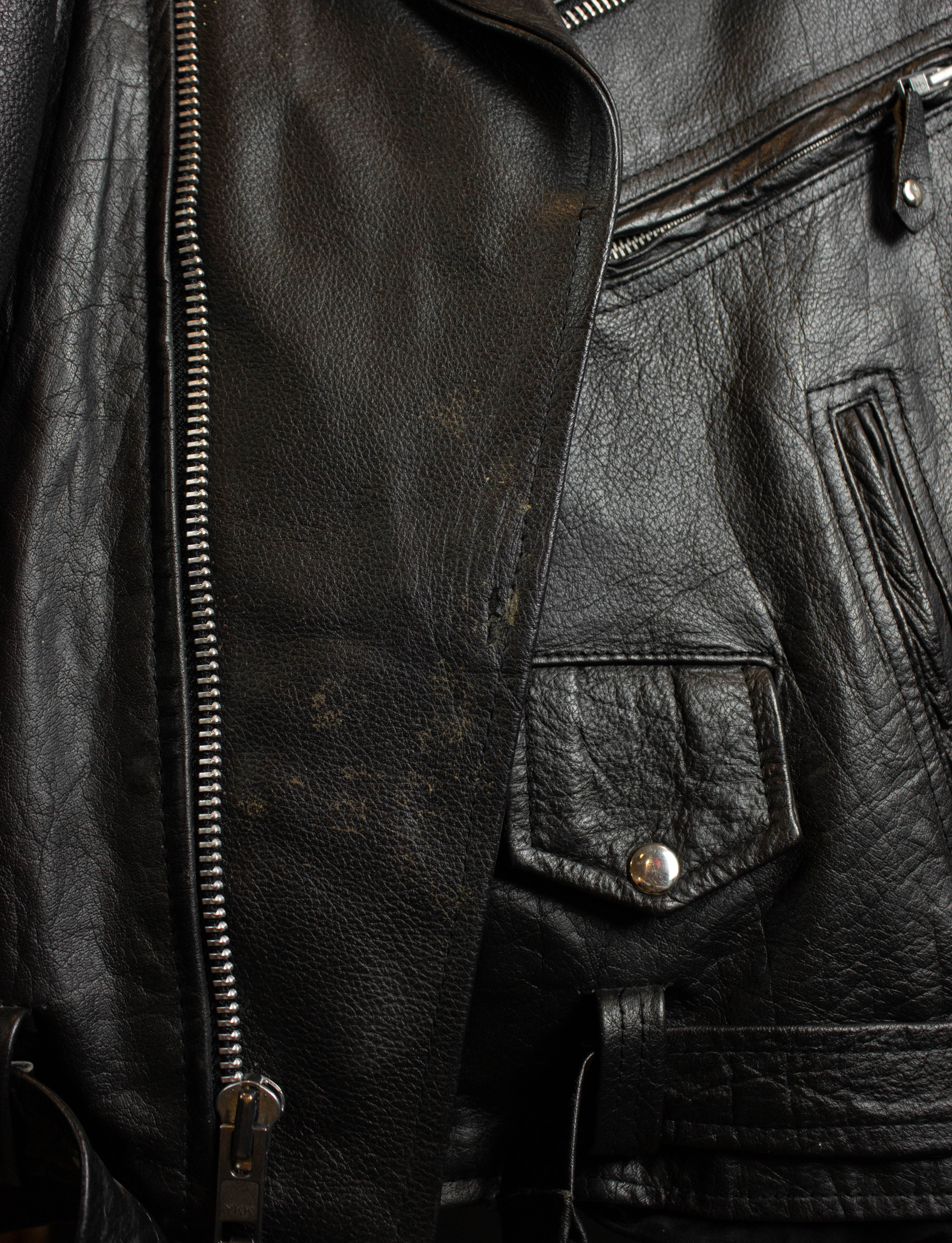 Vintage US Leather Club Belted Leather Biker Jacket 80s Black and 