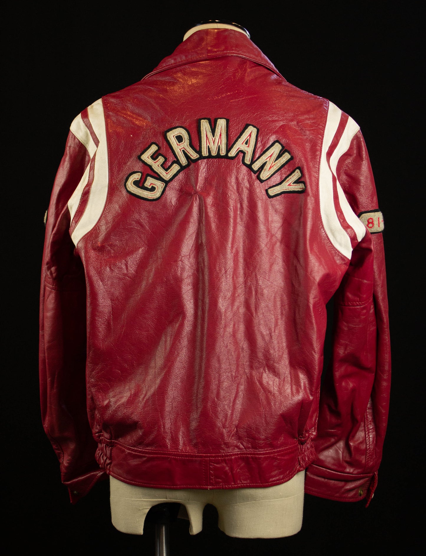 Vintage Germany Letterman Varsity Leather Jacket 1981 LAHR Senior Red and White Patches Large-XL