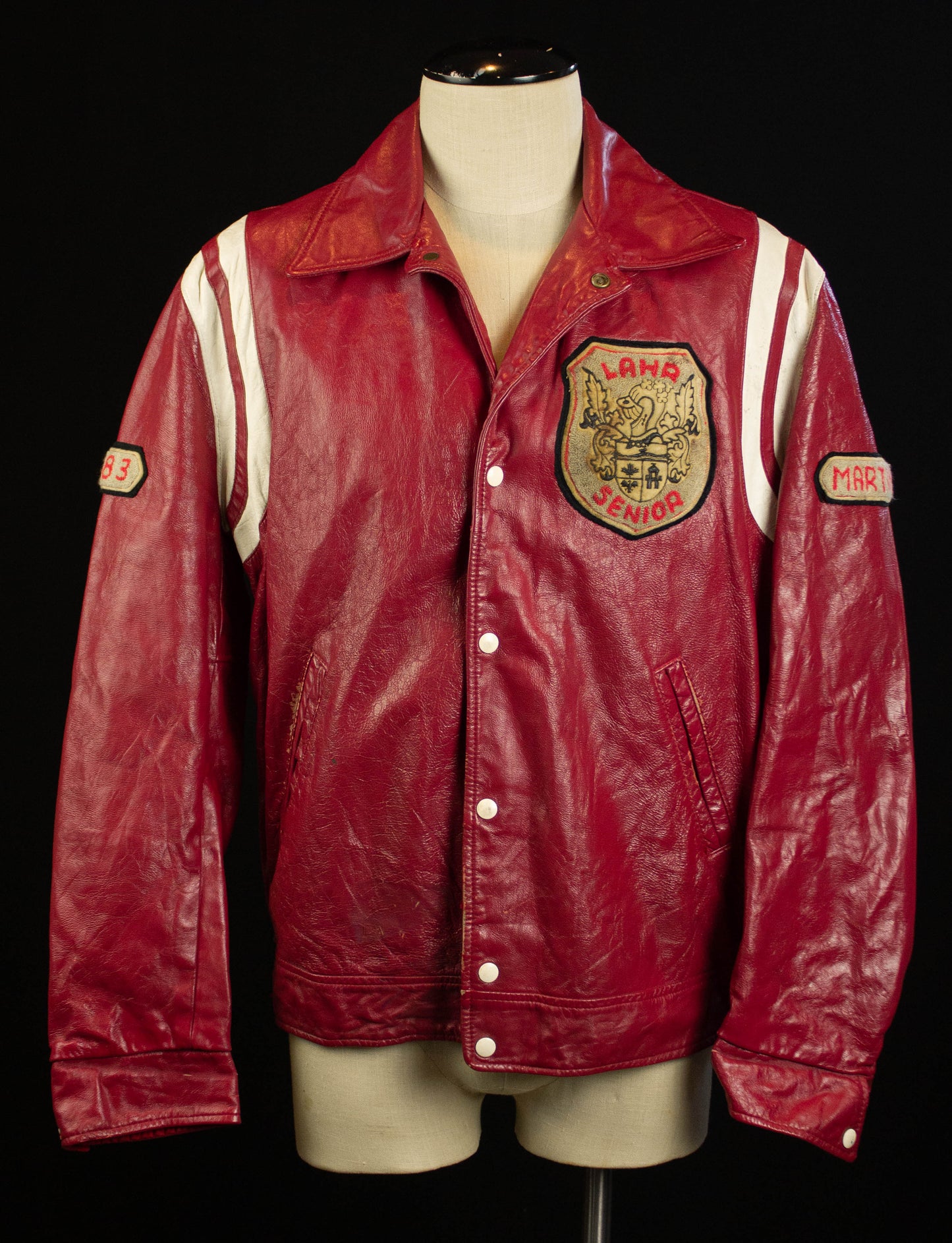 Vintage Germany Letterman Varsity Leather Jacket 1981 LAHR Senior Red and White Patches Large-XL