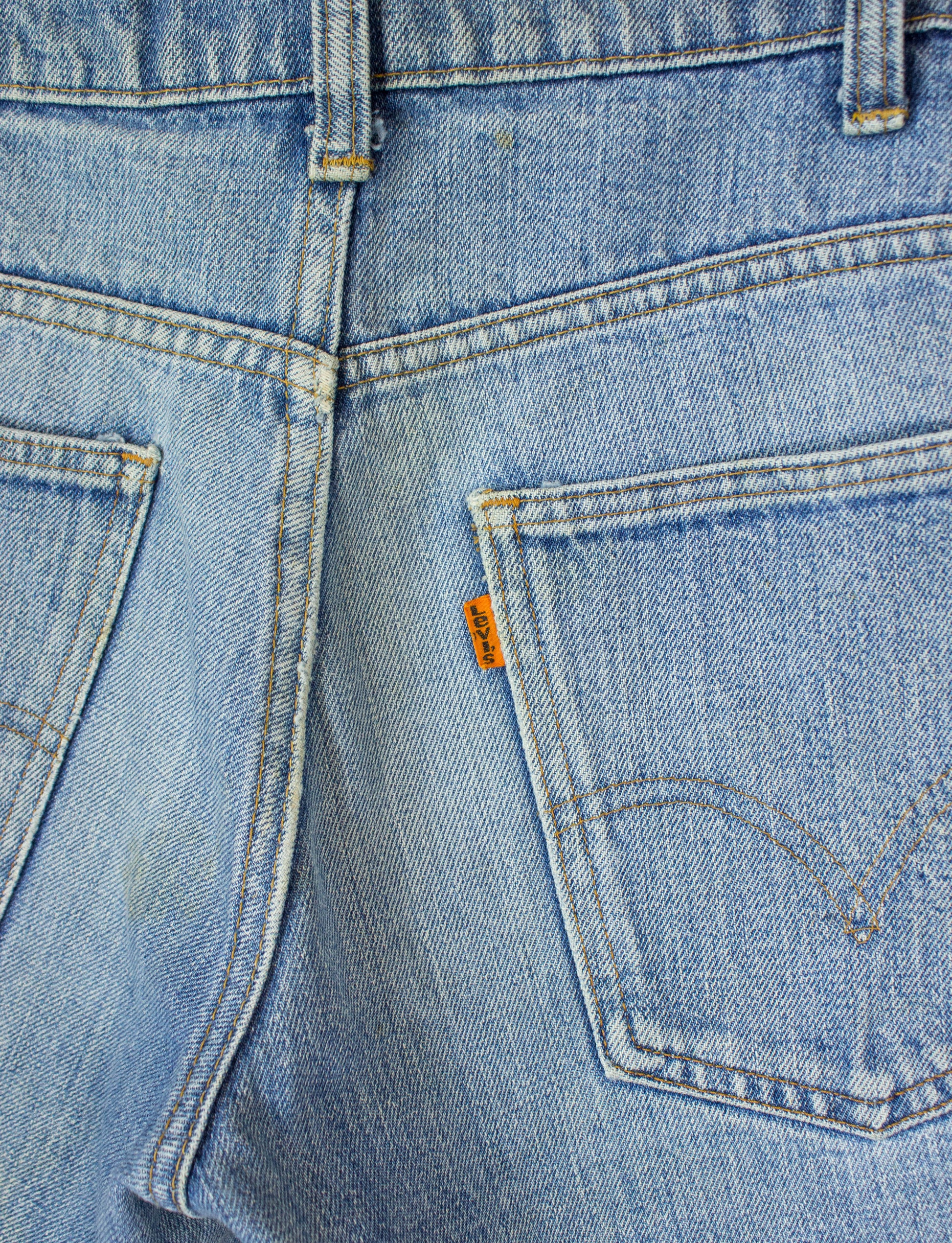 Vintage Levi's Cut Off Denim Shorts 70s Orange Tab Thrashed Light Wash 30 Waist