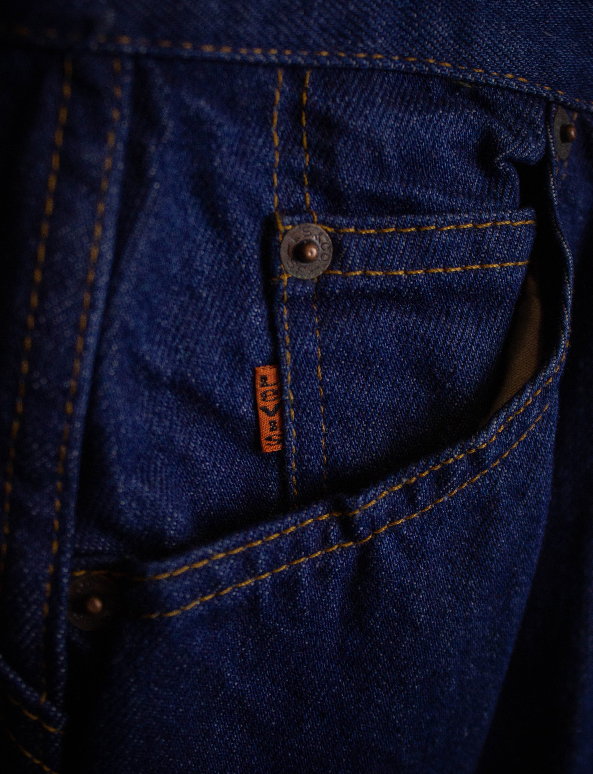 Vintage Levi's Deadstock Orange Tab Saddleback Denim Jeans 1977 Dark Wash 24x33