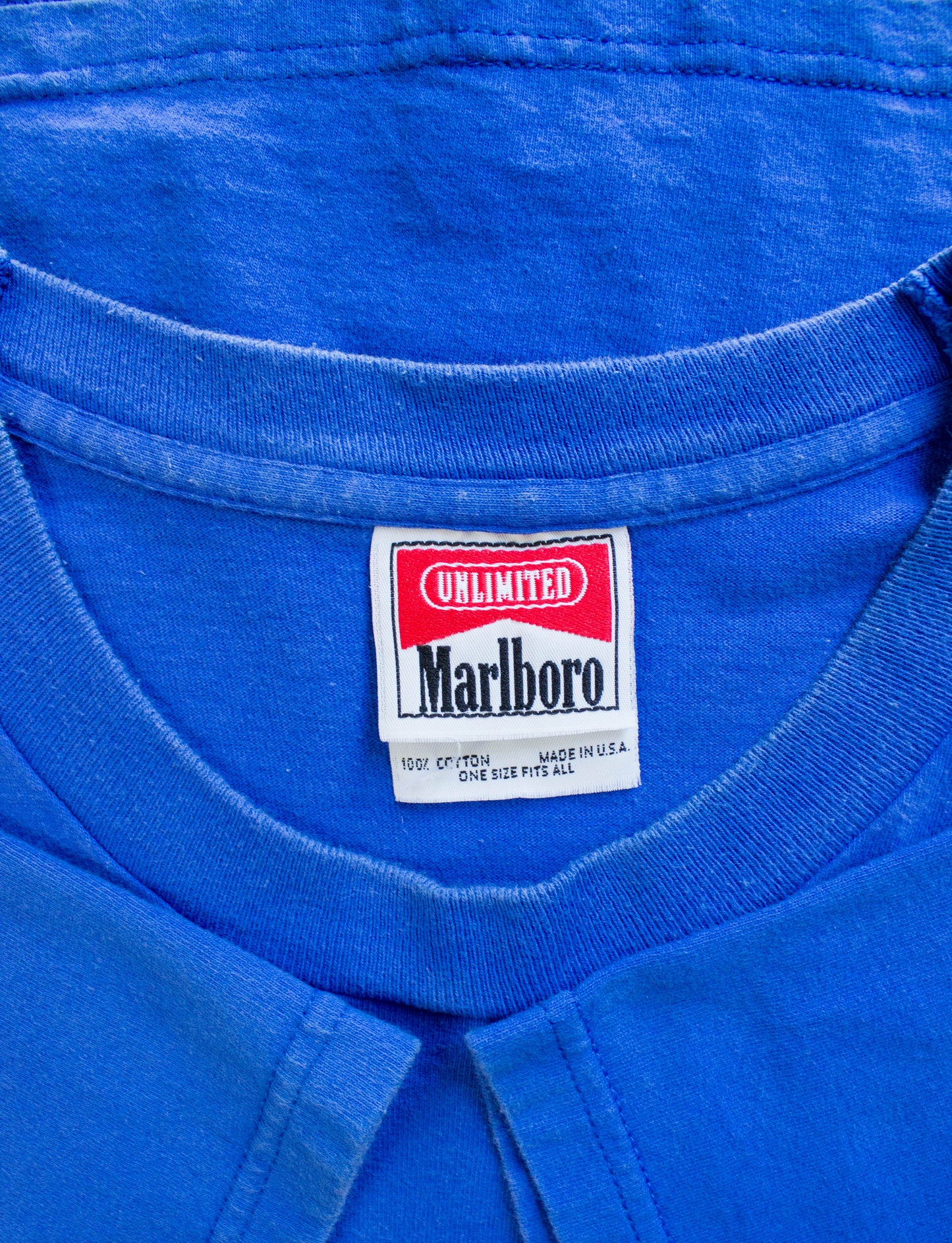 Vintage Marlboro Unlimited Howling Wolf and Moon Graphic T Shirt 90s Blue Pocket Tee XL