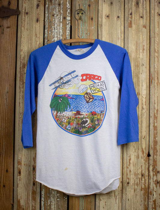 Vintage Men At Work Cargo Raglan Concert T Shirt 1983 White and Blue Small