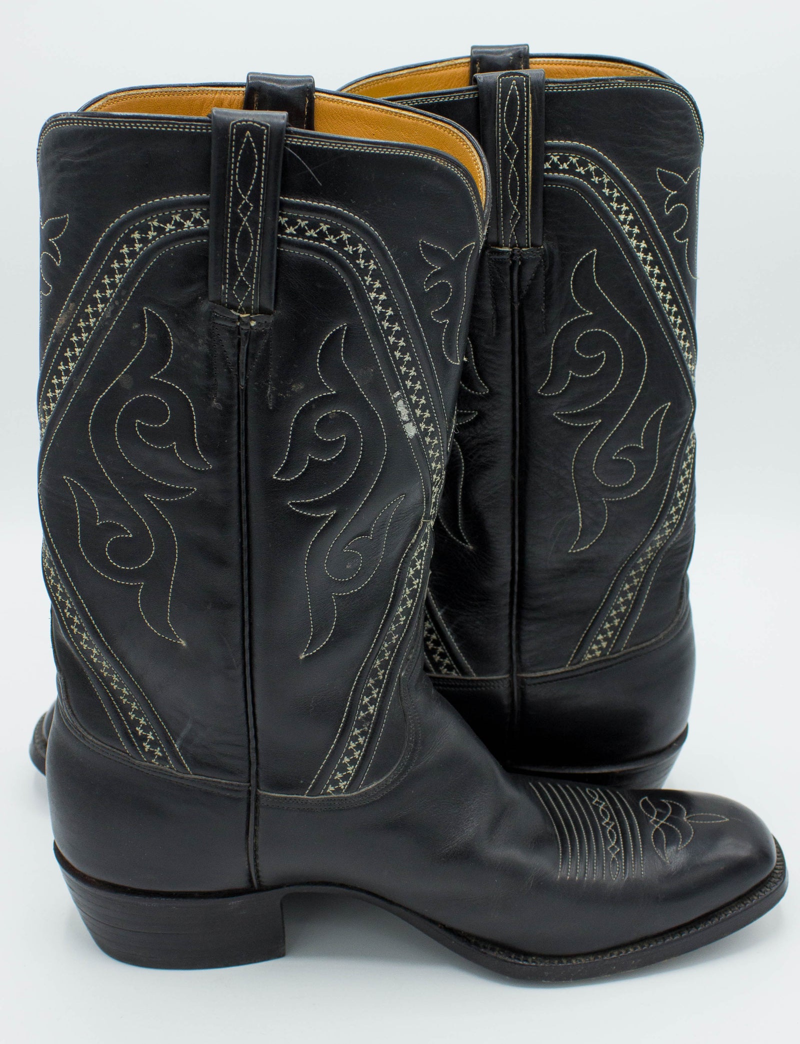 Vintage Men's Lucchese Black Leather Square Toe Cowboy Boots Size 10D