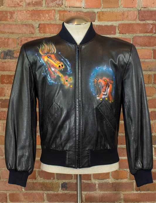 Vintage Michael Hoban North Beach Tiger and Dragon Leather Bomber Jacket 80s Airbrushed Rhinestones Small