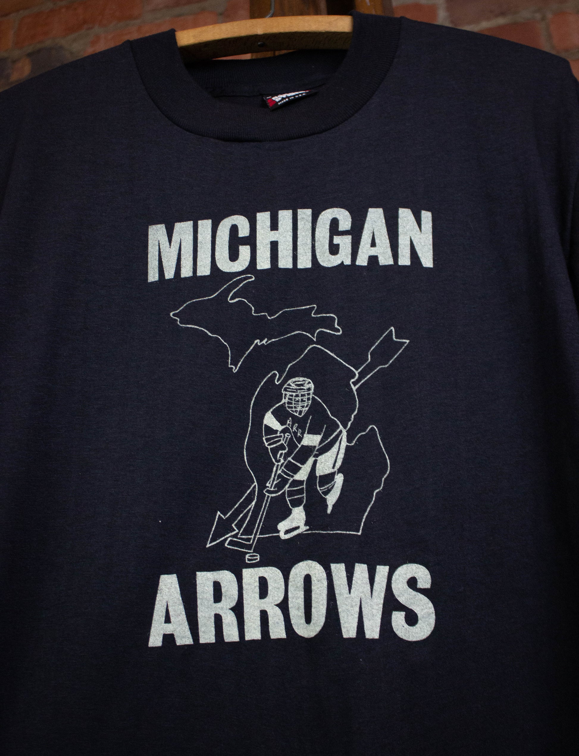 Vintage Michigan Arrows Hockey Graphic T Shirt 80s Black Medium