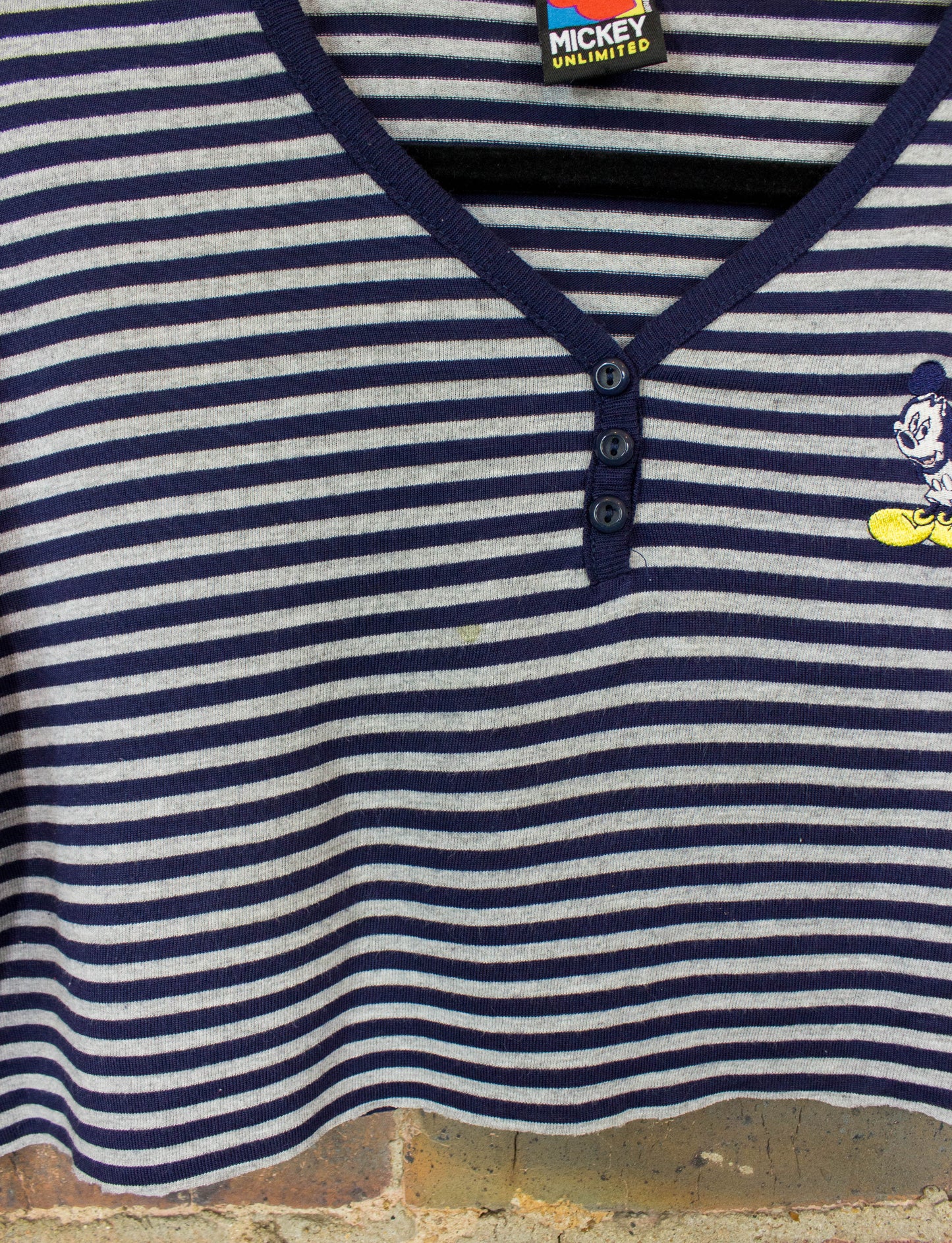 Vintage Mickey Mouse Cropped Graphic T Shirt 90s Navy Blue and Grey Stripes Henley Large