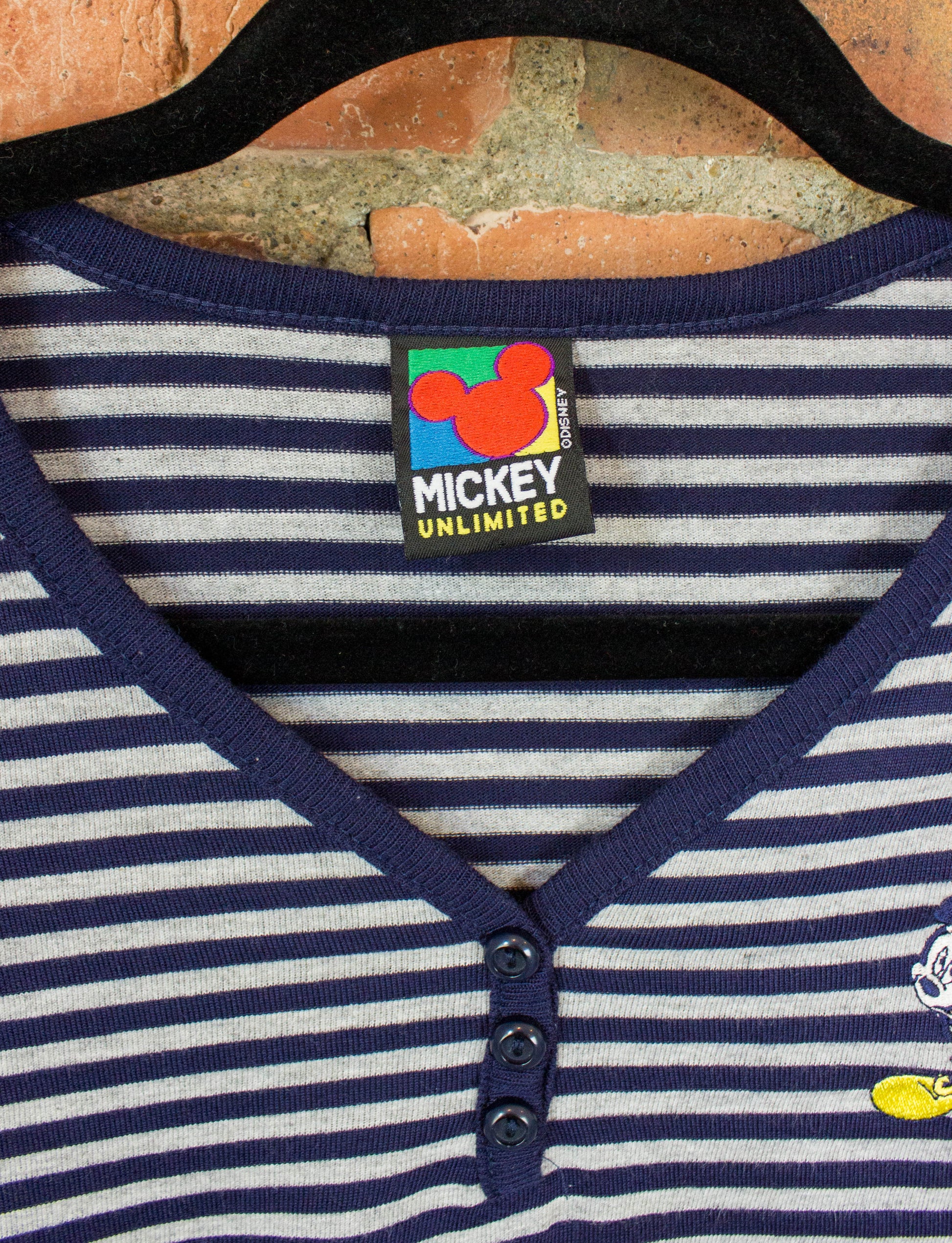 Vintage Mickey Mouse Cropped Graphic T Shirt 90s Navy Blue and Grey Stripes Henley Large
