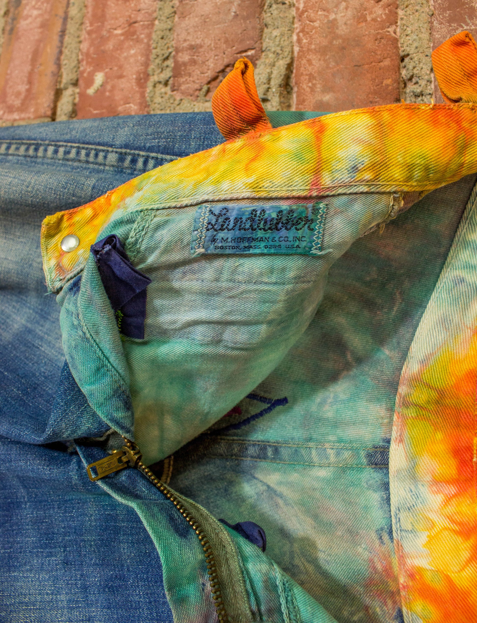 Vintage Mihitabel Landlubber Tie Dye Flare Denim Jeans 60s Embroidered Patchwork Multicolor 29x32