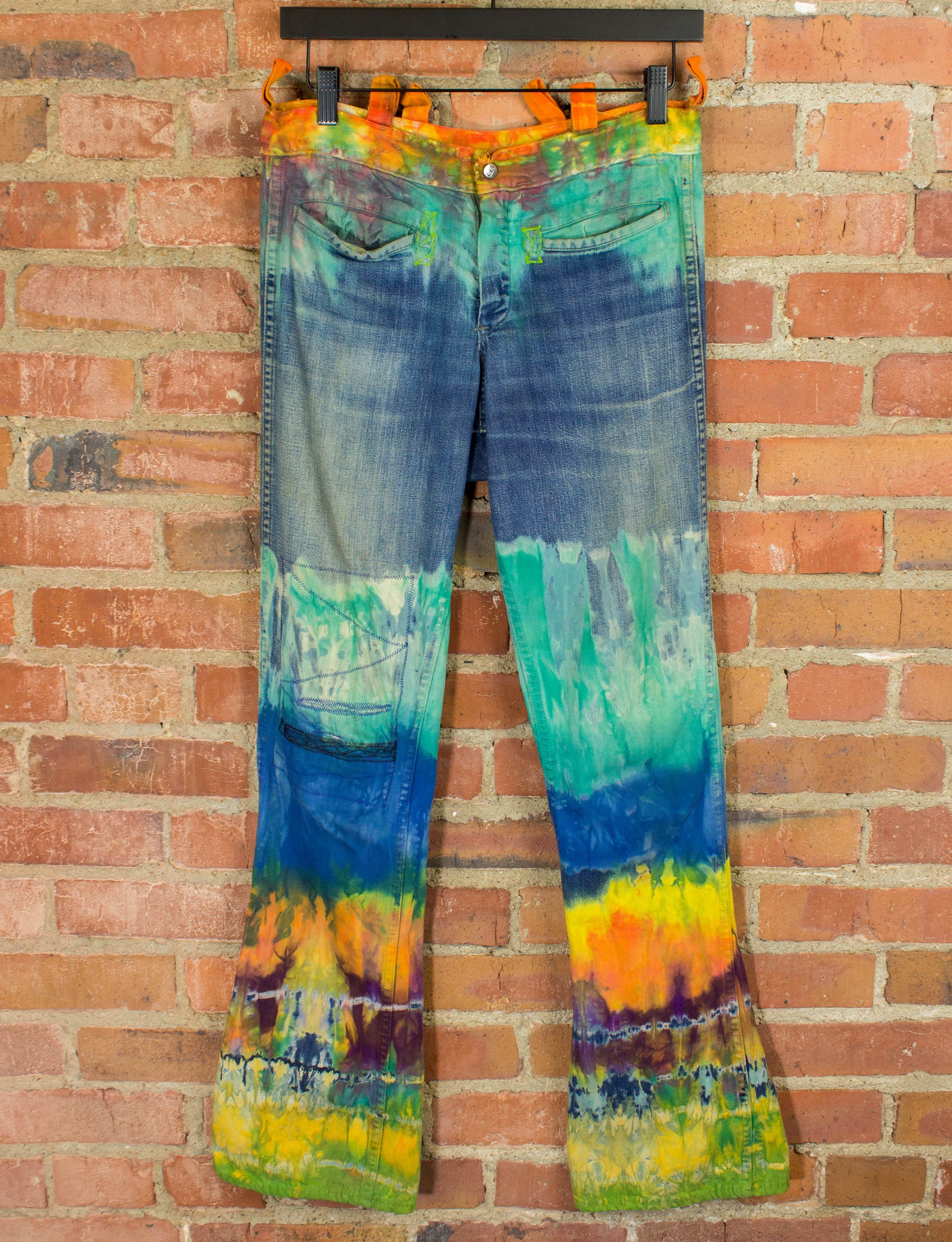 Vintage Mihitabel Landlubber Tie Dye Flare Denim Jeans 60s Embroidered Patchwork Multicolor 29x32