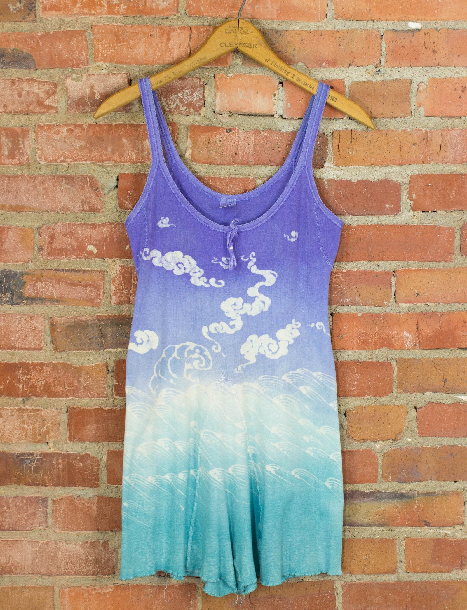 Vintage Mihitabel Women's Tie Dye Romper 60s Purple and Aqua With Cloud and Wave Designs Small