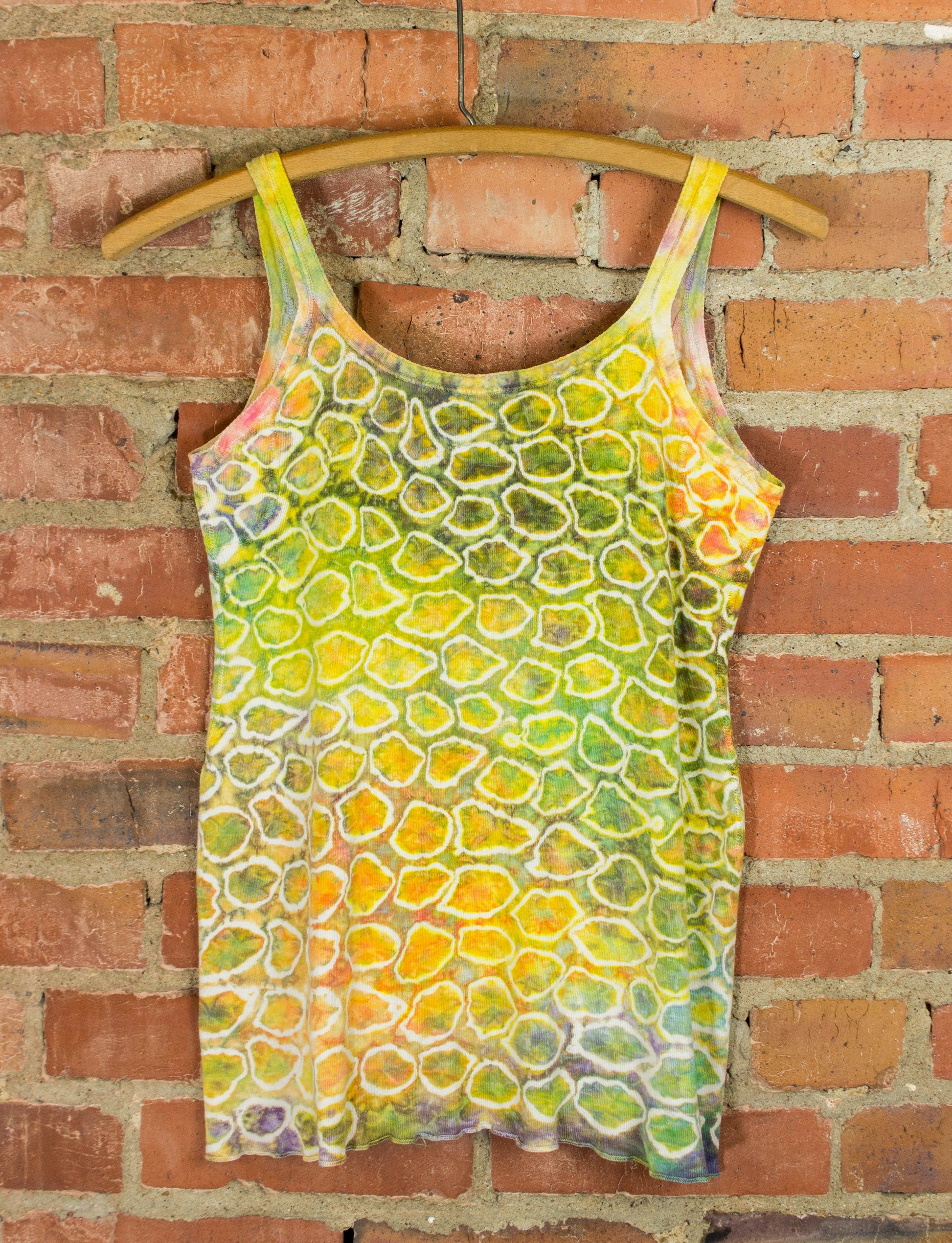 Vintage Mihitabel Women's Tie Dye Tank Top 60s Green and Yellow Multicolor with Circle Design Small/Medium