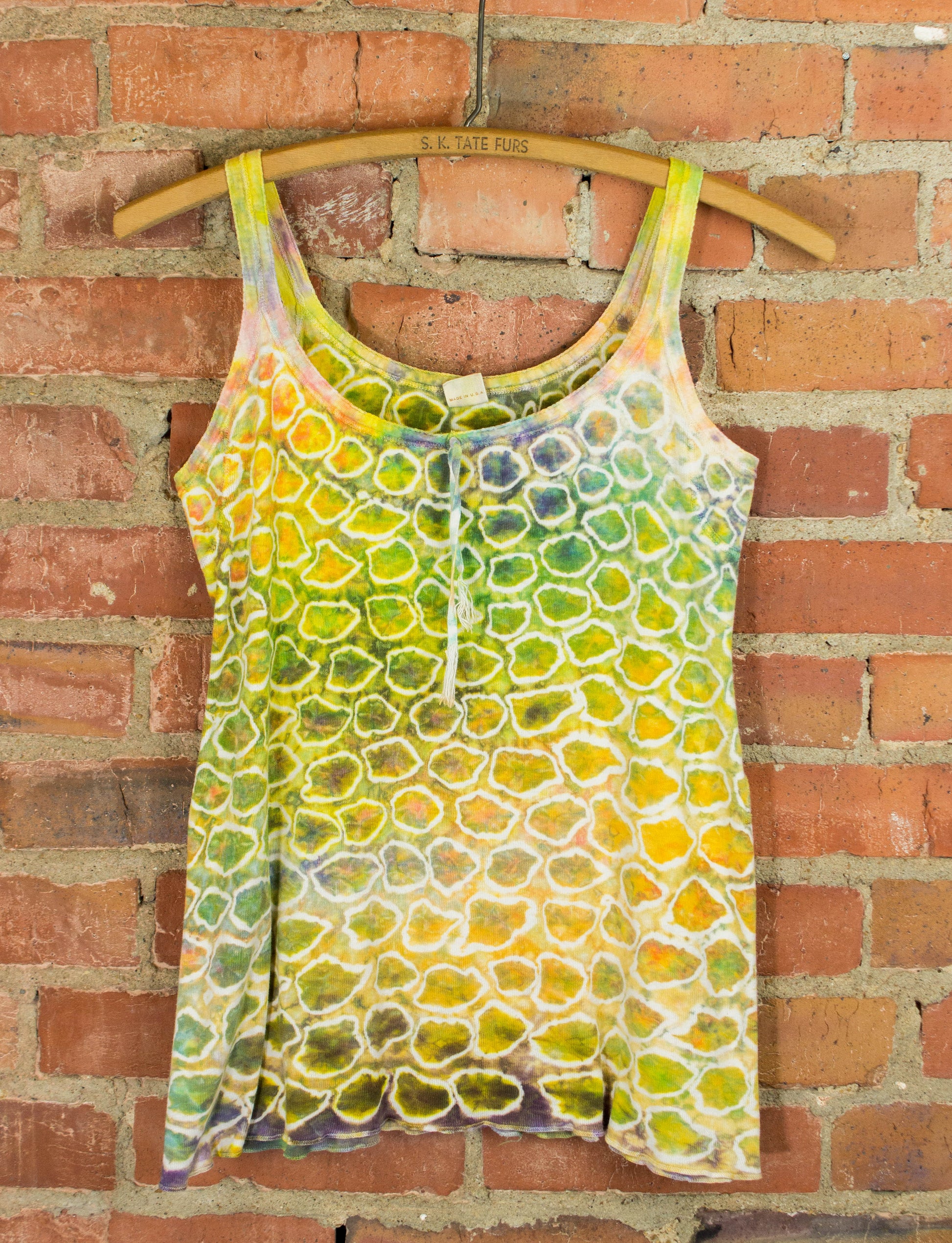 Vintage Mihitabel Women's Tie Dye Tank Top 60s Green and Yellow Multicolor with Circle Design Small/Medium