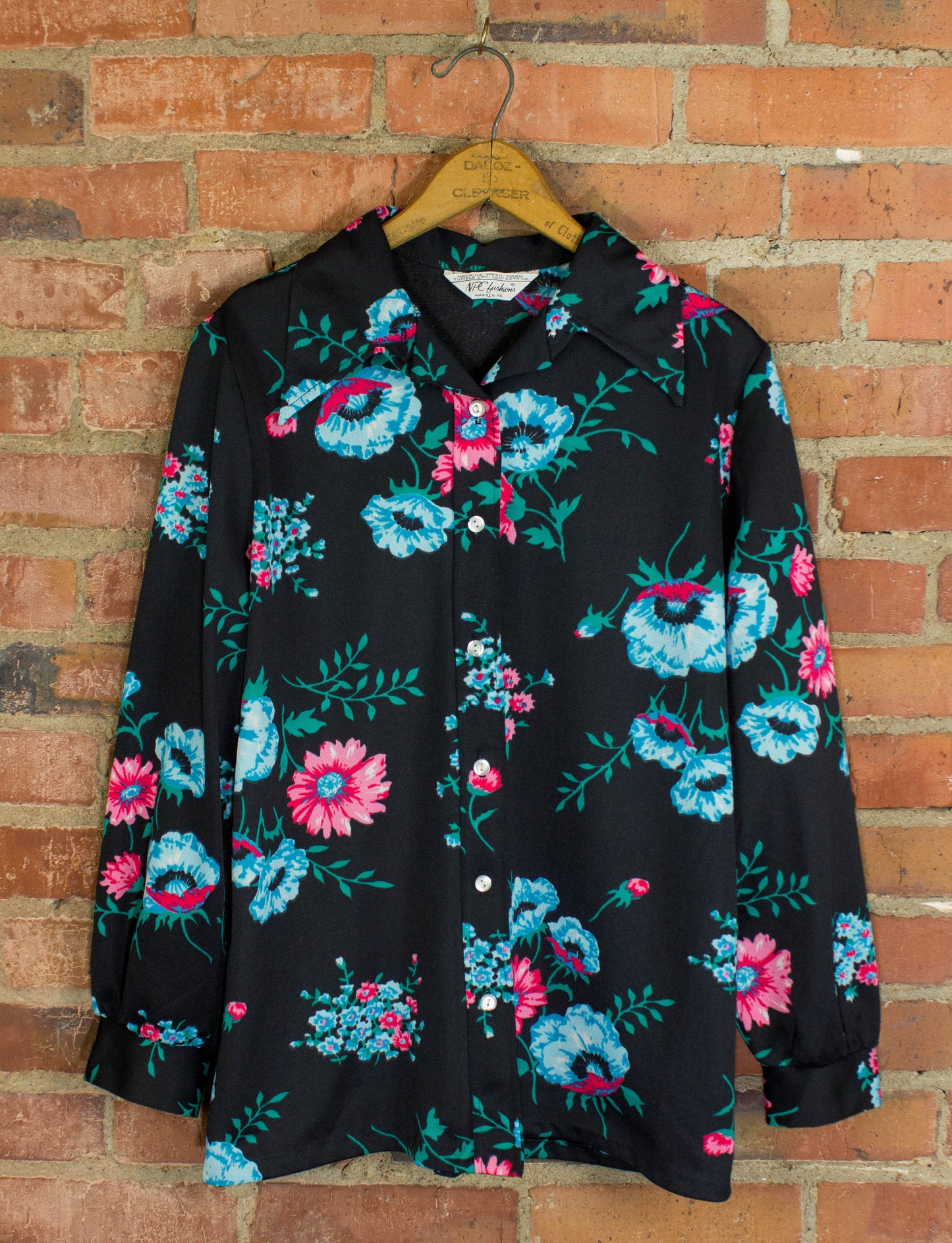 Vintage NPC Fashions Floral Print Blouse Shirt 70s Black and Blue Large
