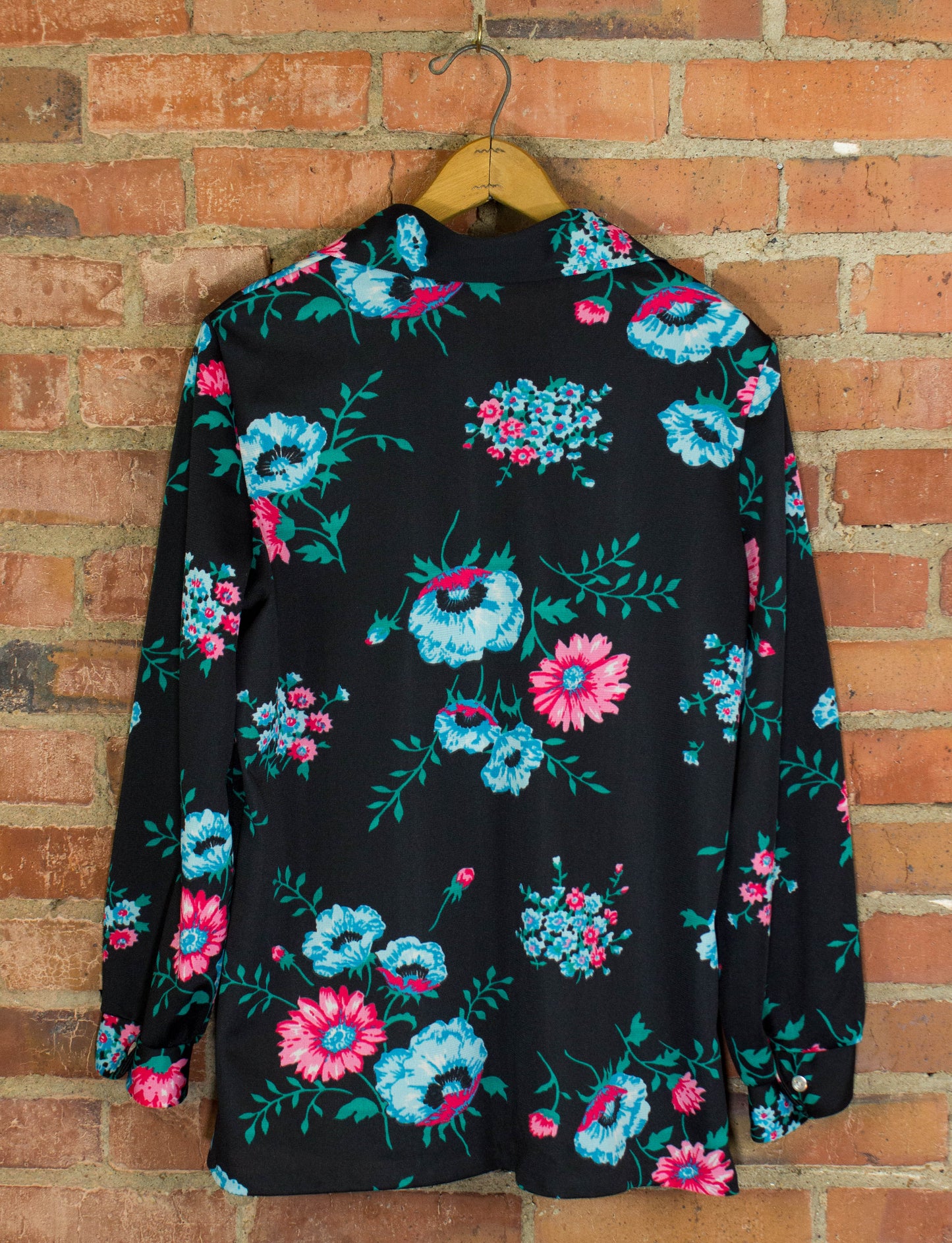 Vintage NPC Fashions Floral Print Blouse Shirt 70s Black and Blue Large