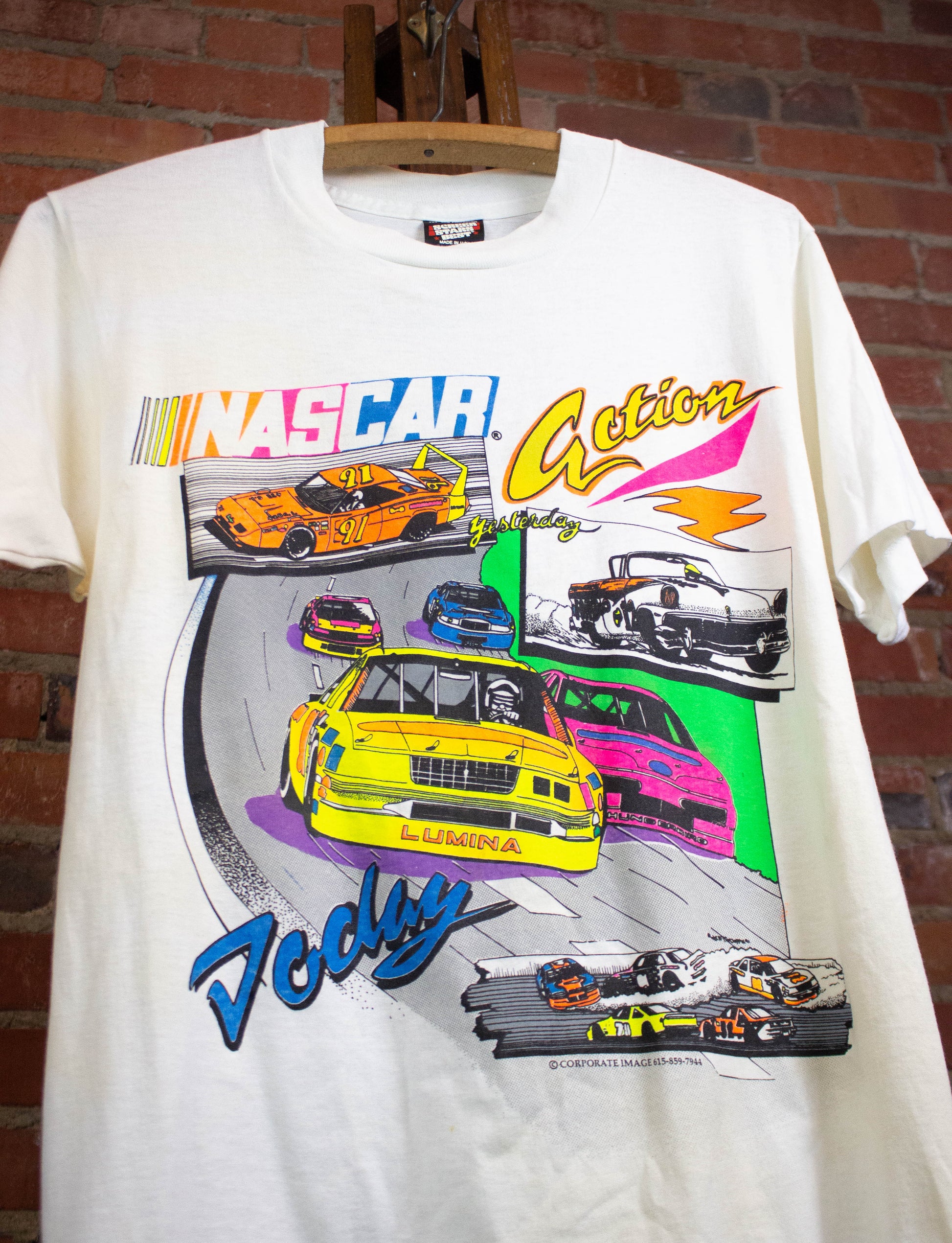 Vintage Nascar Action Neon Graphic T Shirt 90s White Small