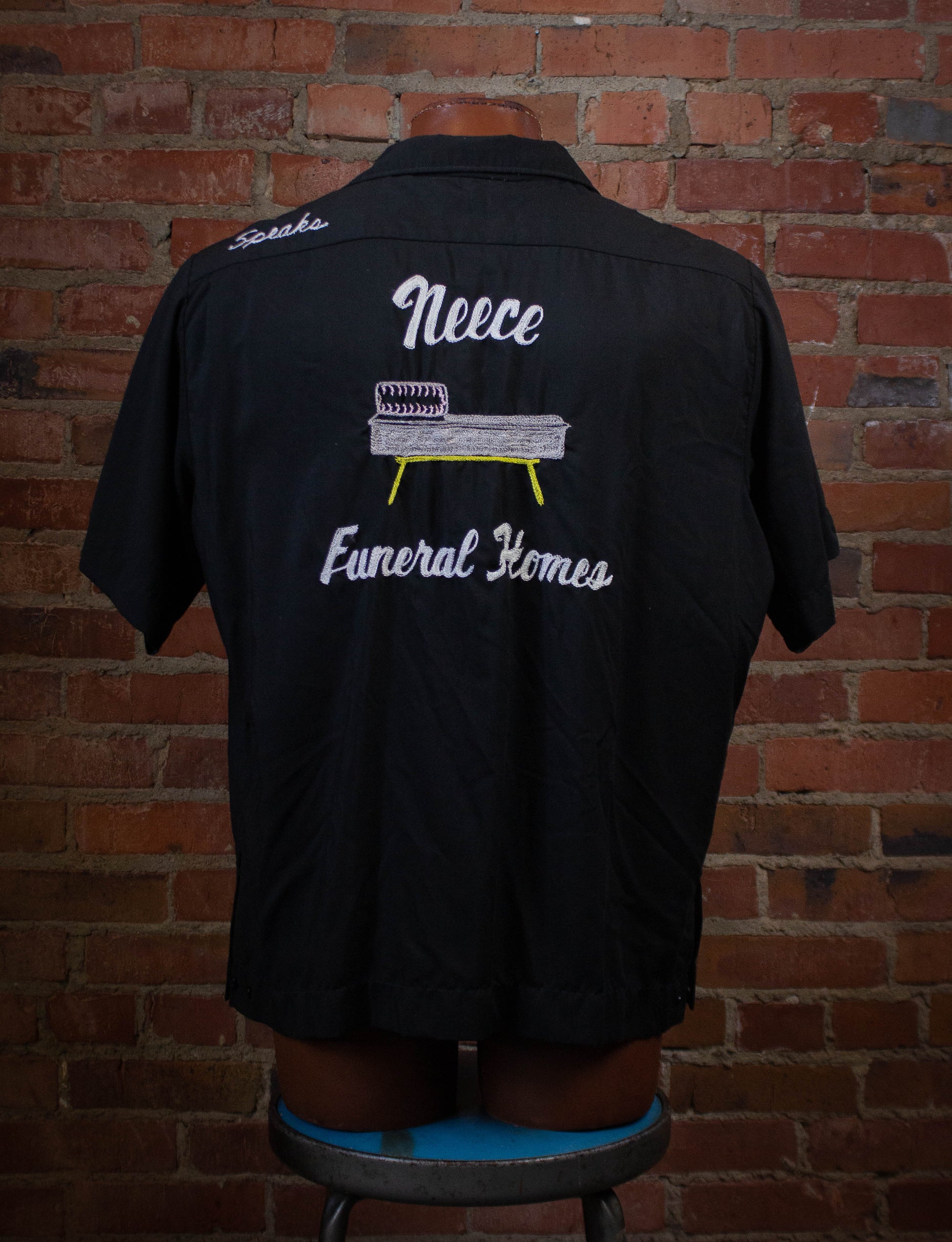Vintage King Louie Neece Funeral Homes "Don" Chainstitch Bowling Shirt 50s Black XL