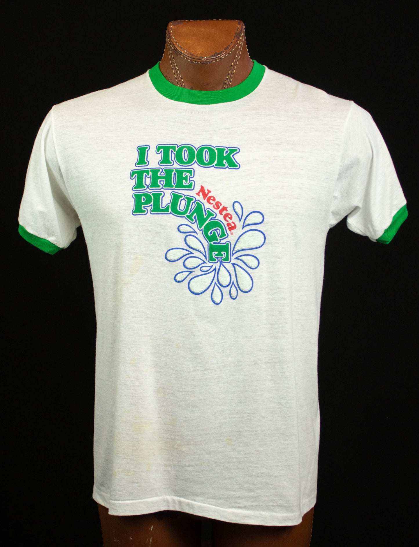 Vintage Nestea I Took The Plunge Graphic T Shirt 70s White and Green Ringer Large