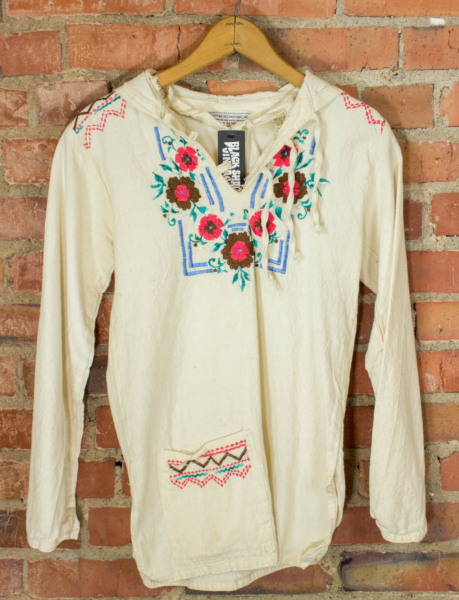 Vintage Nicaraguan Floral Embroidered Linen Baja Hoodie Size Small