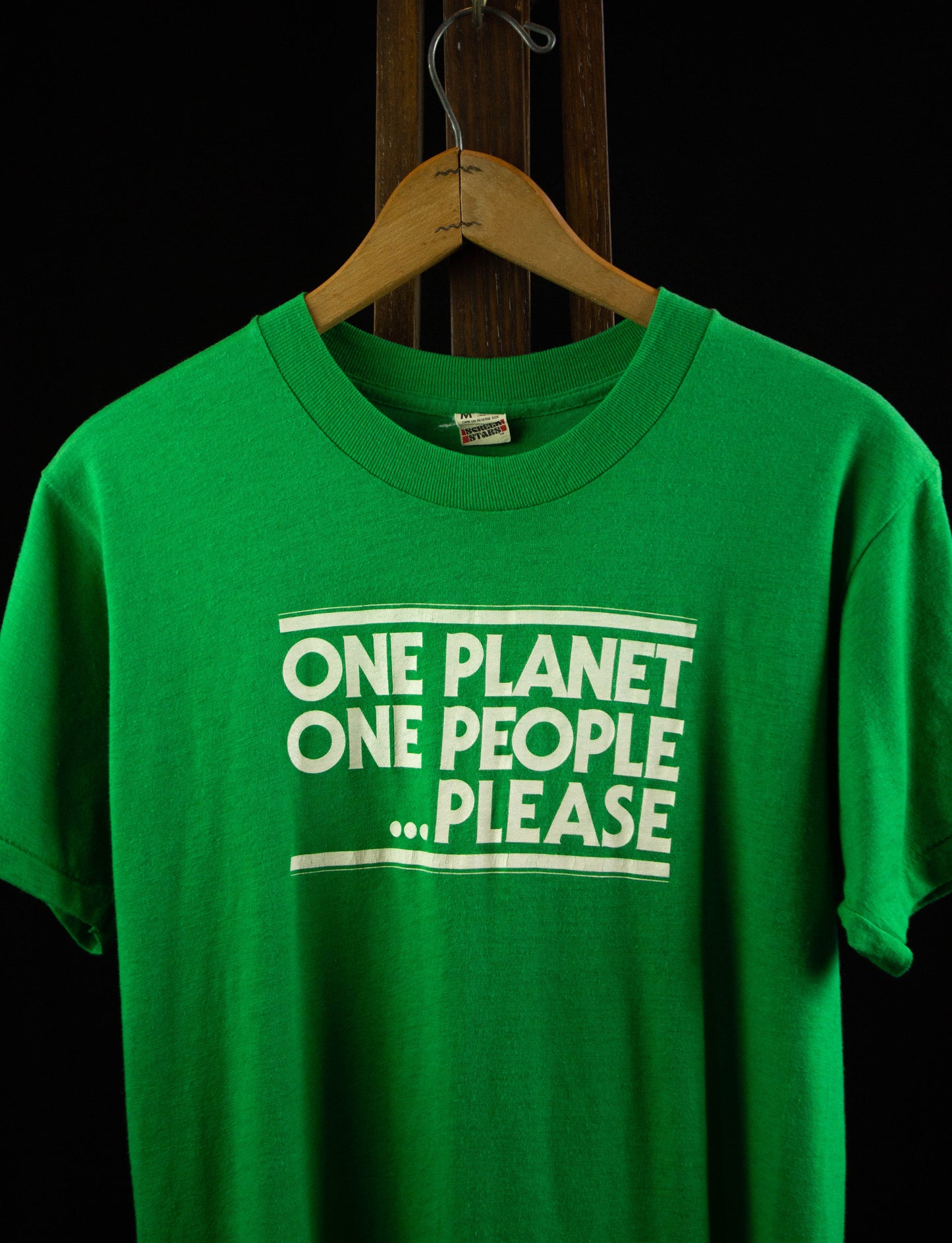 Vintage One Planet One People...Please Graphic T Shirt 80s Green and White Small-Medium