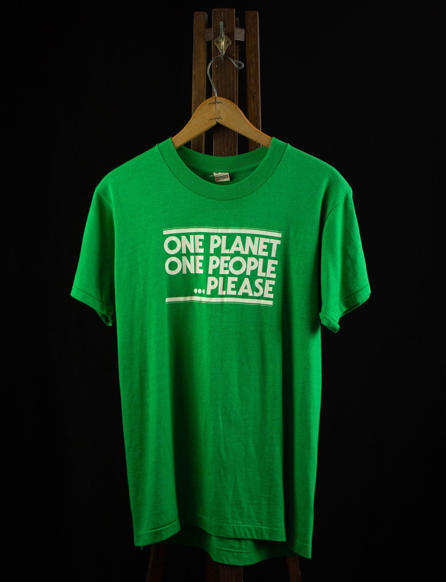 Vintage One Planet One People...Please Graphic T Shirt 80s Green and White Small-Medium