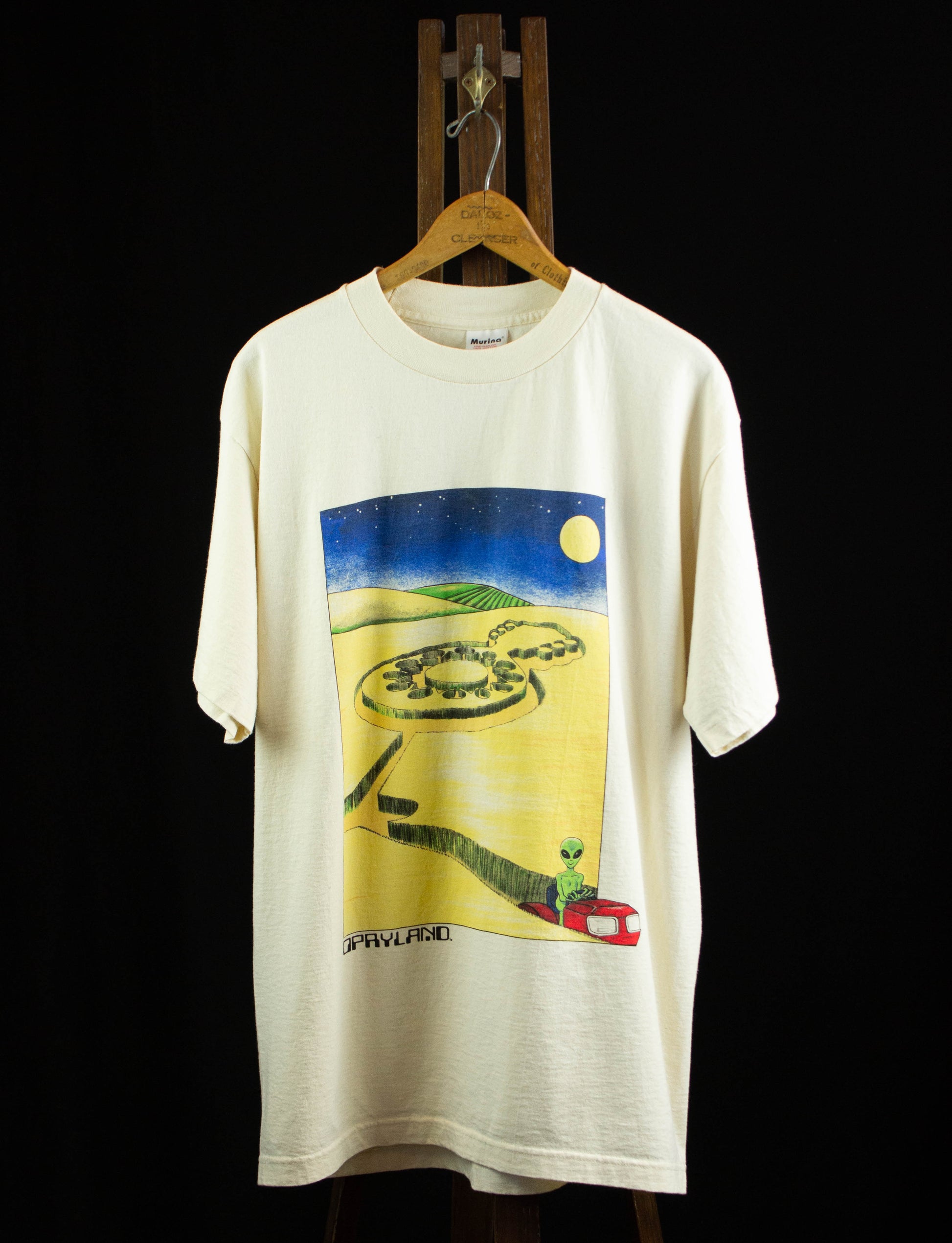 Vintage Opryland Alien Guitar Crop Circle Graphic T Shirt 90s Cream White Large