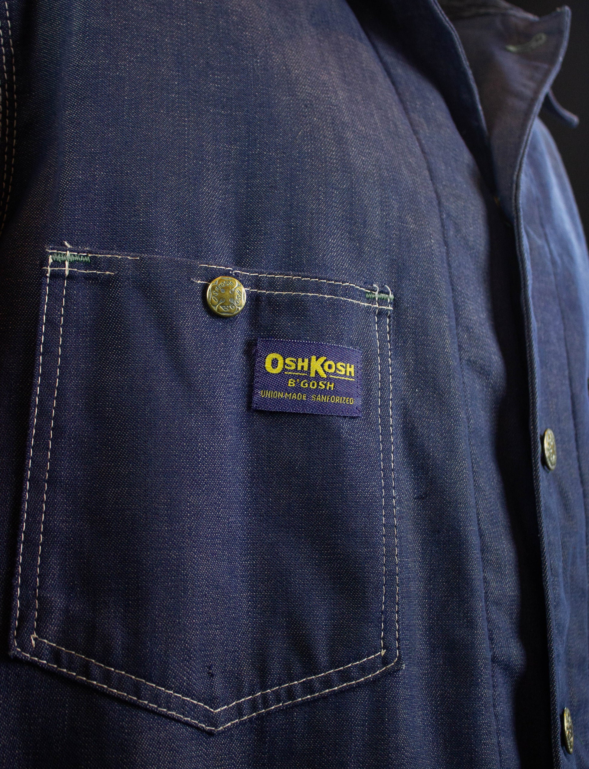 Vintage Oshkosh B'Gosh Blanket Lined Denim Chore Jacket 70s Sanforized Corduroy Collar Blue XL