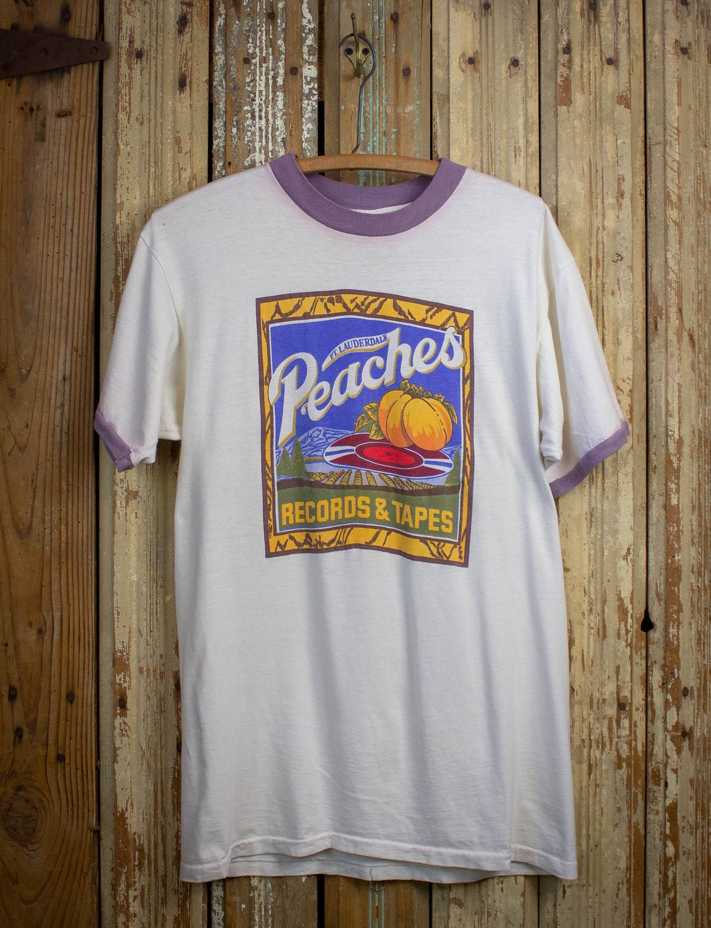 Vintage Peaches Records and Tapes Graphic Ringer T Shirt 70s White Large