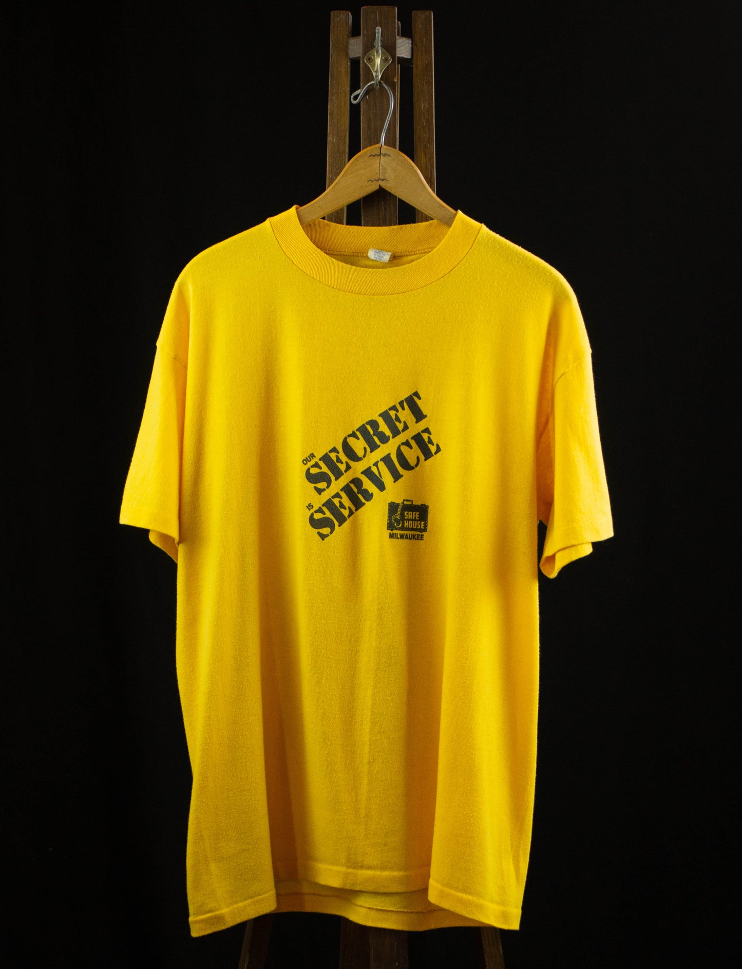 Vintage Safe House Milwaukee Graphic T Shirt 80s Our Secret Is Service Yellow and Black Large