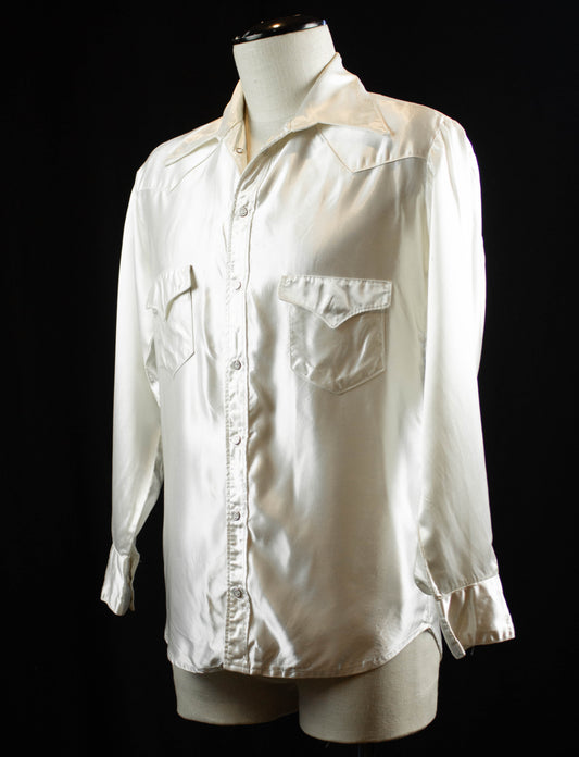 Vintage Satin Western Shirt with Horseshoe Buttons 70s White Large