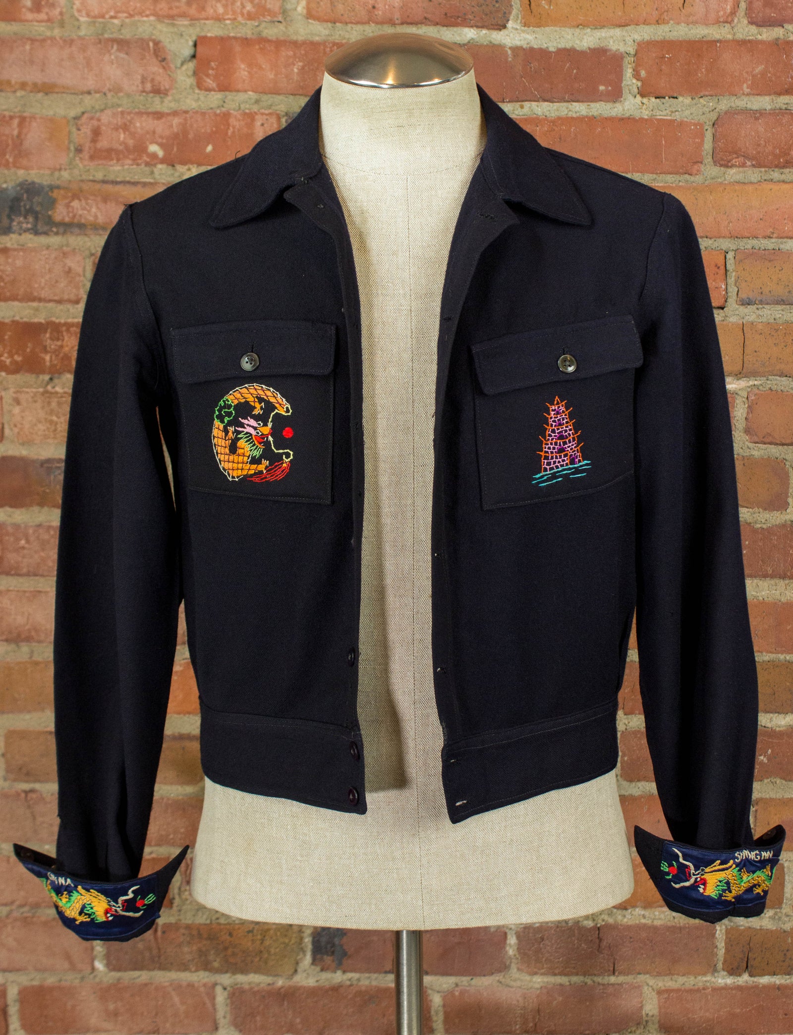 Vintage Shanghai China Cropped Wool Souvenir jacket 1946 Navy Blue  Embroidered Dragons Small