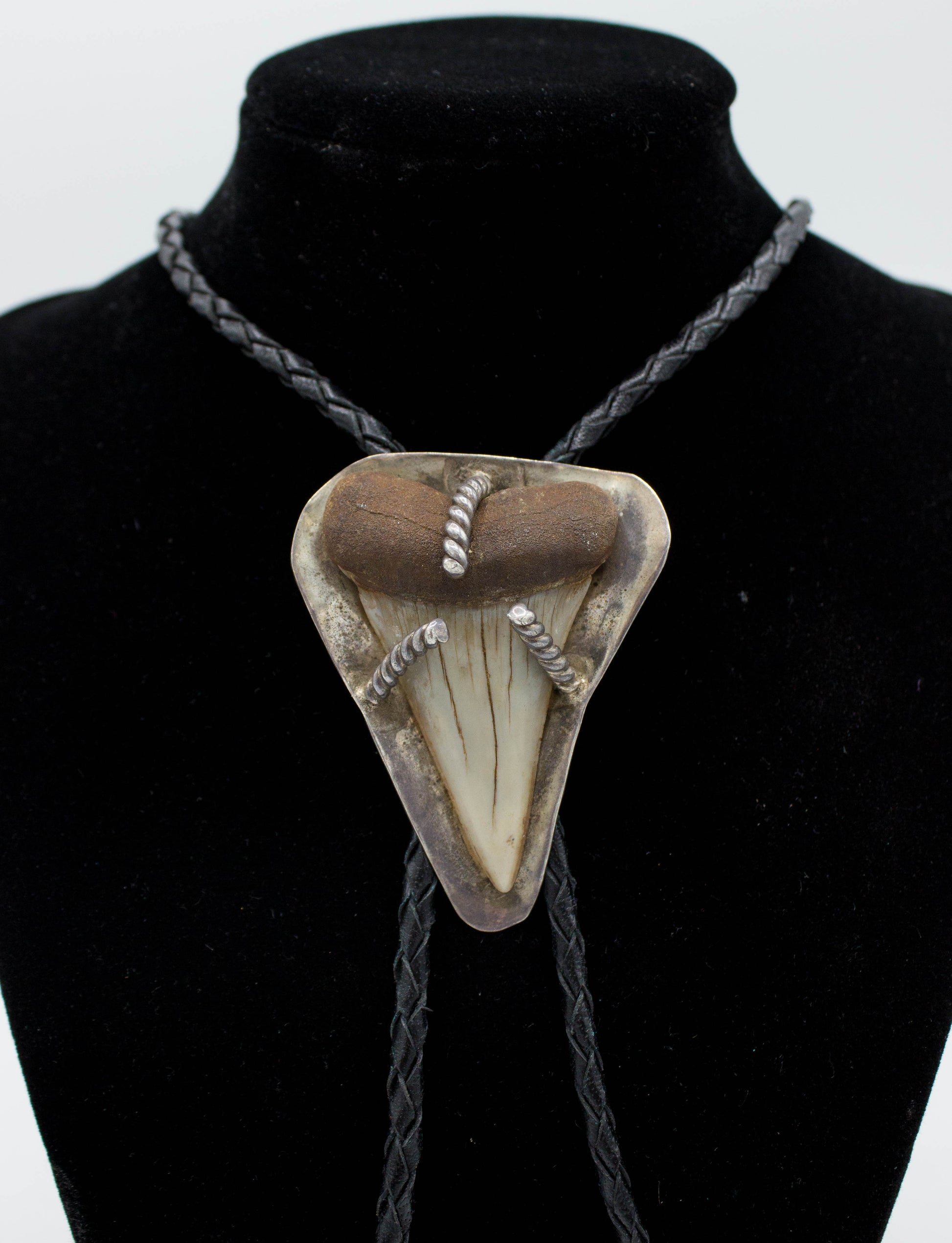 Vintage Shark Tooth and Sterling Silver Bolo Tie With Braided Leather Adjustable