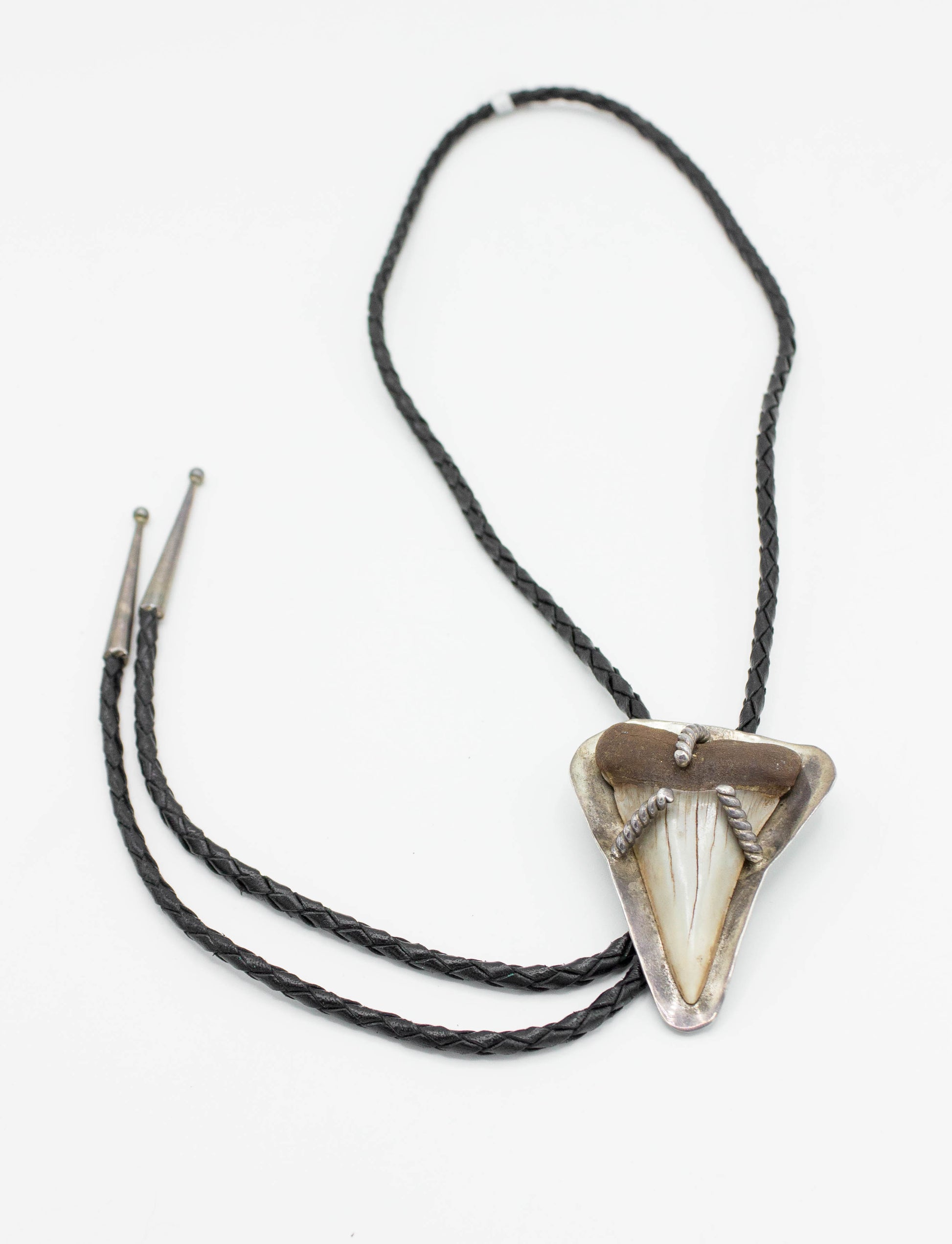 Vintage Shark Tooth and Sterling Silver Bolo Tie With Braided Leather Adjustable