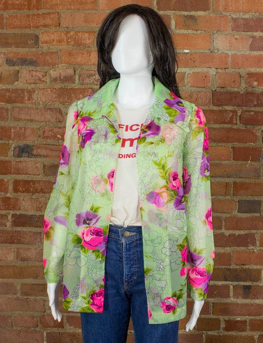 Vintage Sheer Rose Print Blouse Shirt 70s Light Green and Pink Floral Shirt Medium
