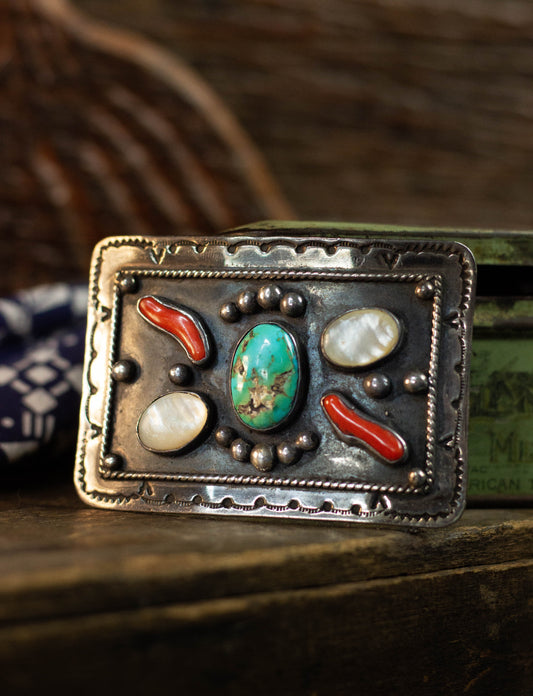 Vintage Silver Turquoise, Coral and Mother Of Pearl Square Belt Buckle