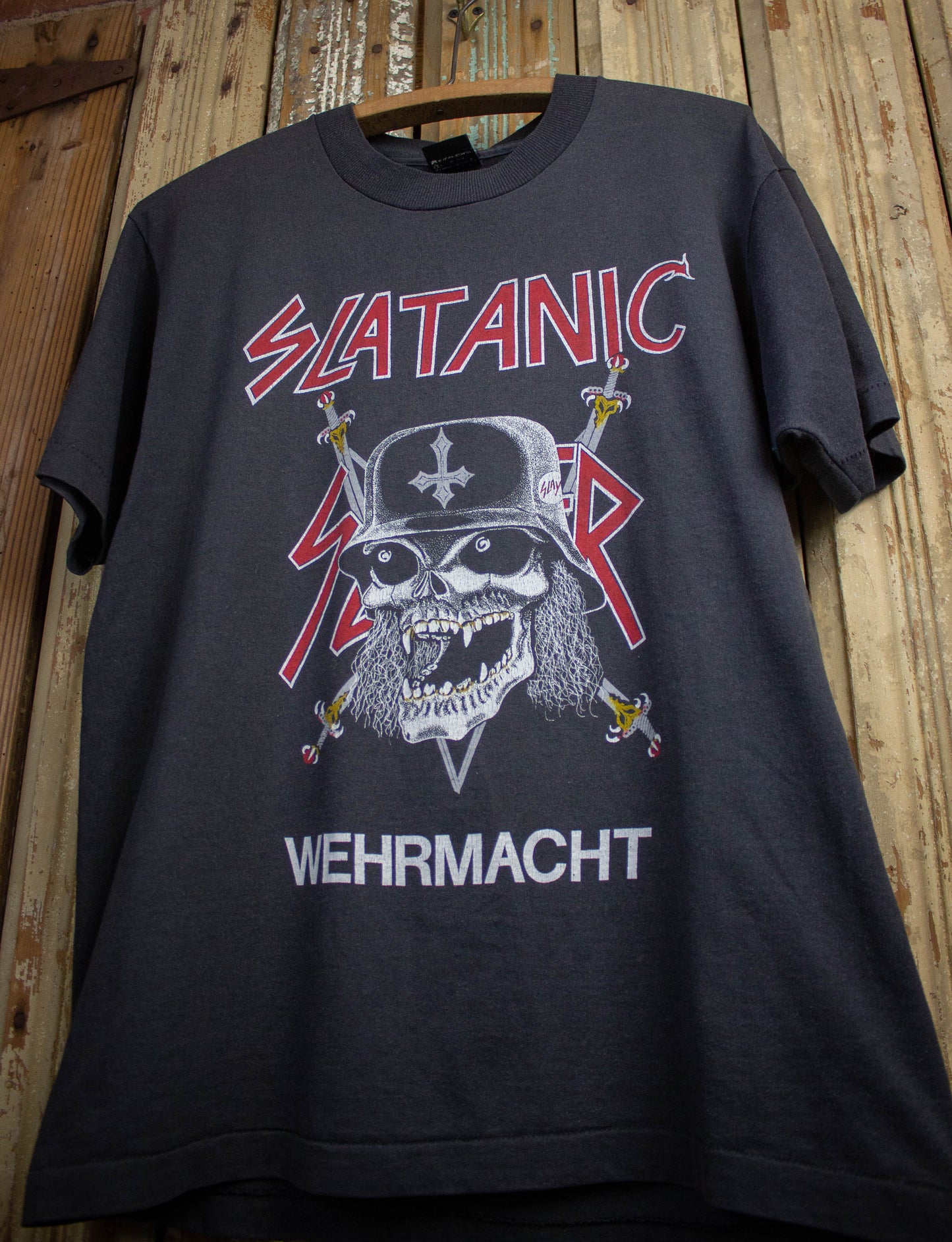 Vintage Slayer Slatanic Wehrmacht Concert T Shirt 80s Black Large
