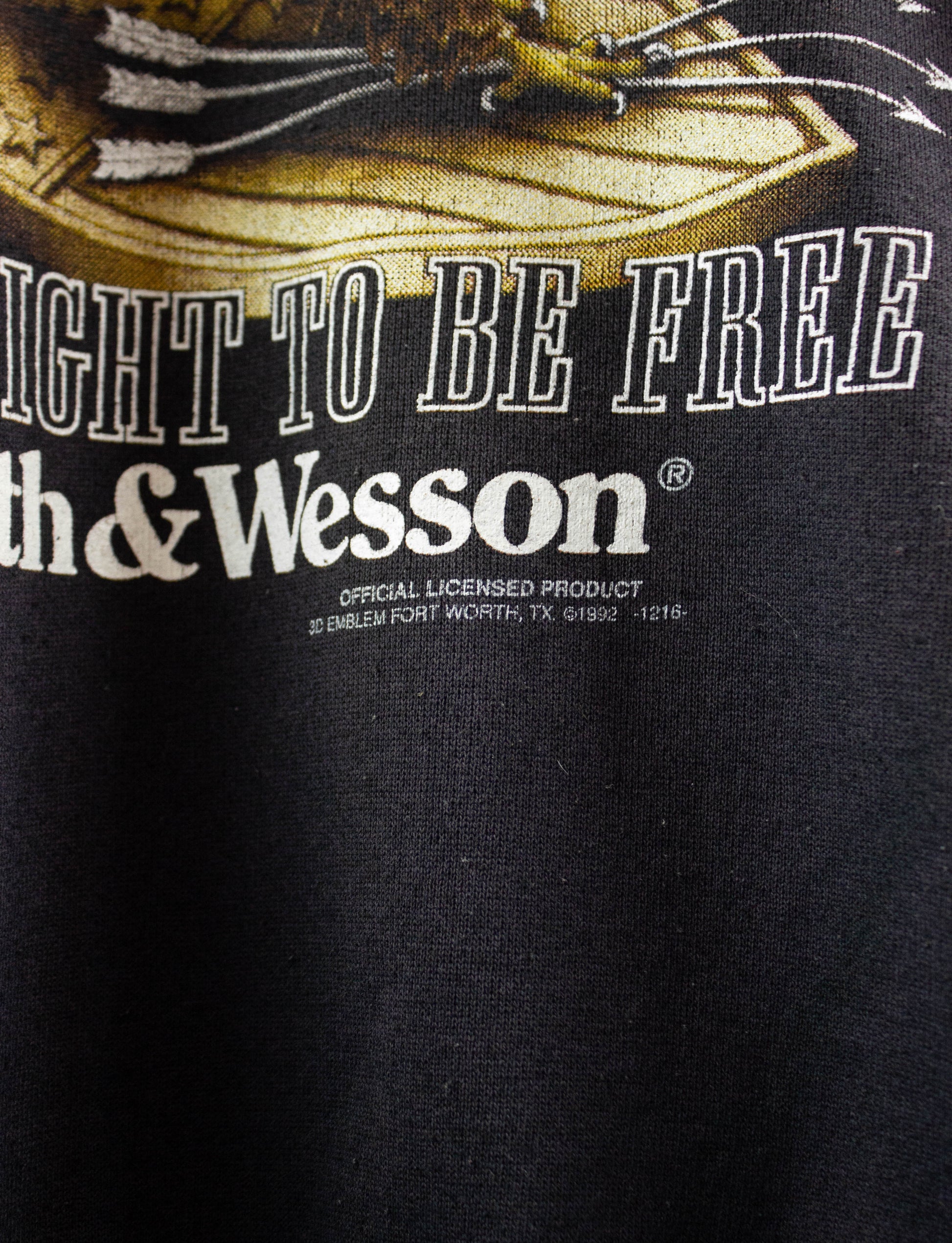 Vintage Smith & Wesson 3D Emblem Graphic Crewneck Sweatshirt 1992 The Right To Bear Arms Is The Right To Be Free Faded Black Medium